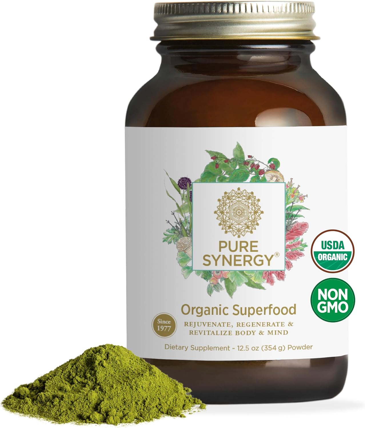 PURE SYNERGY Organic Superfood Powder (12.5 oz) | Green Superfood Powder, Whole Food Supplement with Organic Greens, Spirulina, & Mushrooms, For Energy & Health Aging