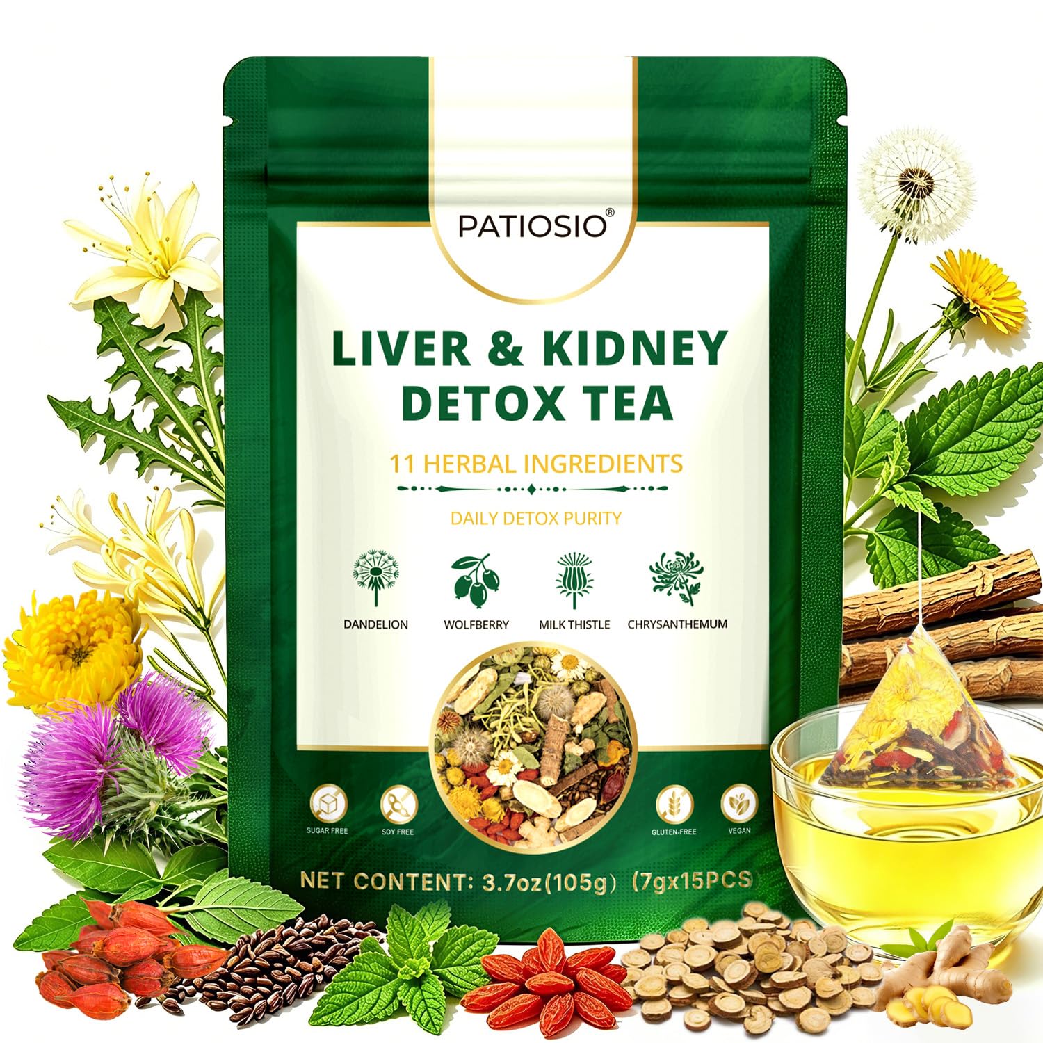 Liver & Kidney Detox Cleanse Herbal Tea – 11 Herbal Ingredients, Natural Blend Dandelion Wolfberry Goji Berry Milk Thistle & Chrysanthemum Tea – Chinese Kidney & Liver Health Tea Bags, Caffeine & Sugar Free, 15 Servings