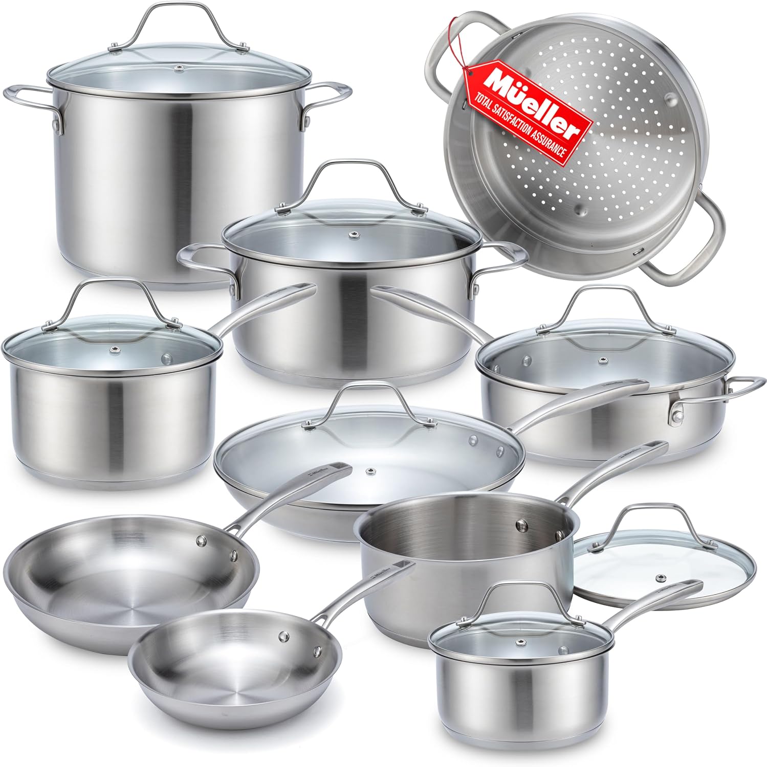 Mueller 17-Piece Stainless Steel Pots and Pans Set, Tri-Ply Ultra-Clad Pro