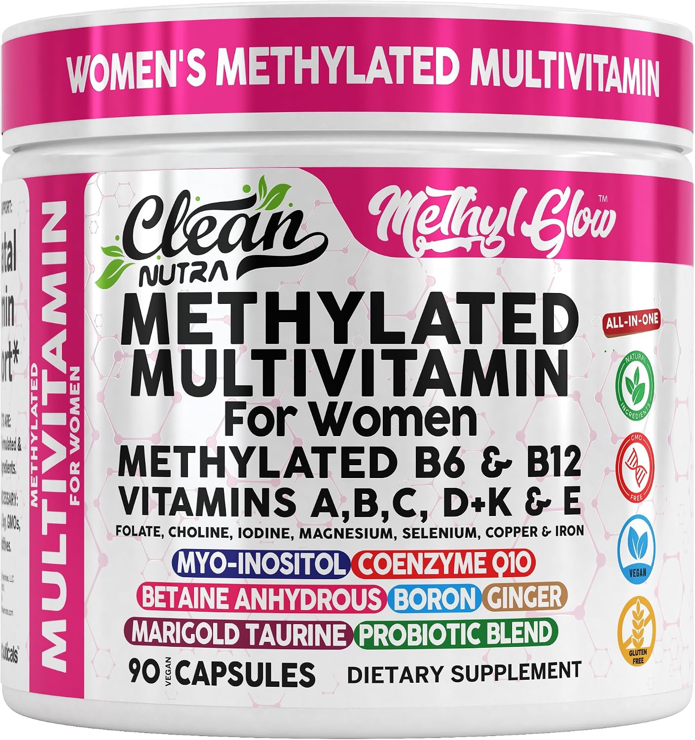 Methylated Multivitamin for Women Vitamins B6 Methyl B12 A B C D K E Folate Choline Omega 3 Thiamine Riboflavin Iron Iodine Magnesium Zinc Selenium Copper Calcium 90 Capsules by Clean Nutra