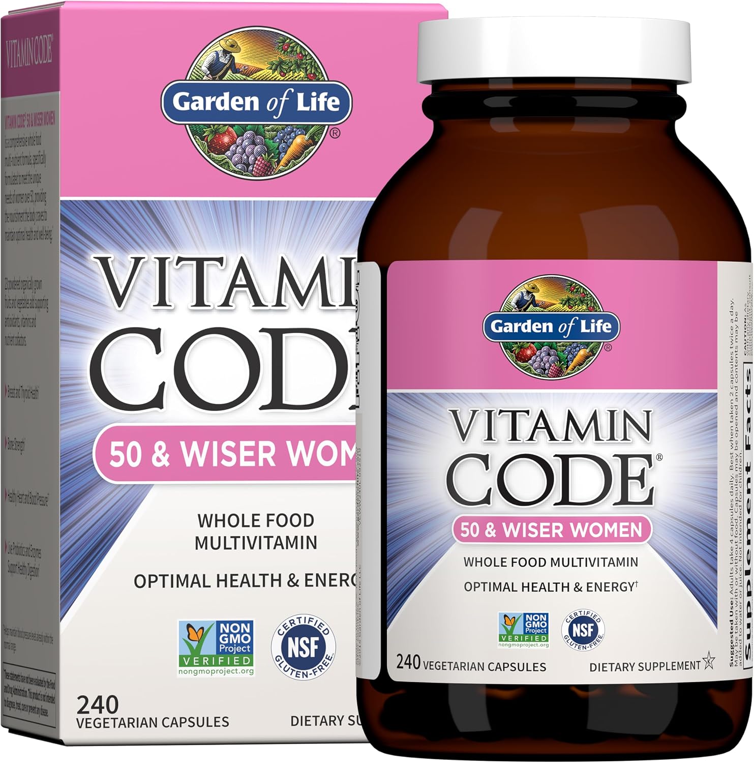 Garden of Life Vitamin Code Multivitamin for Women 50 & Over, 240 Capsules, Vitamins for Women 50 Plus with B Vitamins, Vitamins A, C, D3, E & K, CoQ10, Probiotics & Enzymes