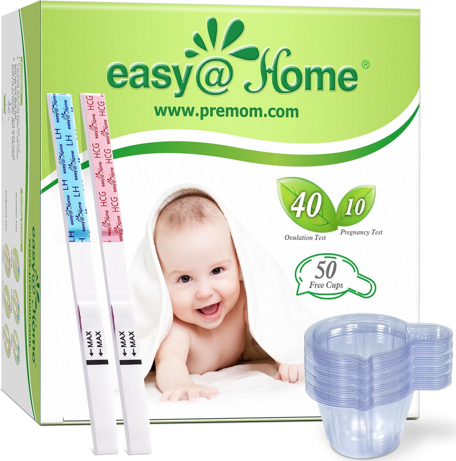 Easy@Home Ovulation & Pregnancy Test Kit, 40 LH + 10 hCG Tests, 50 Cups | Ovulation and Pregnancy Test Strips with 50 Urine Cups for Cycle Tracking; Use with the Premom App to Scan and Record Results