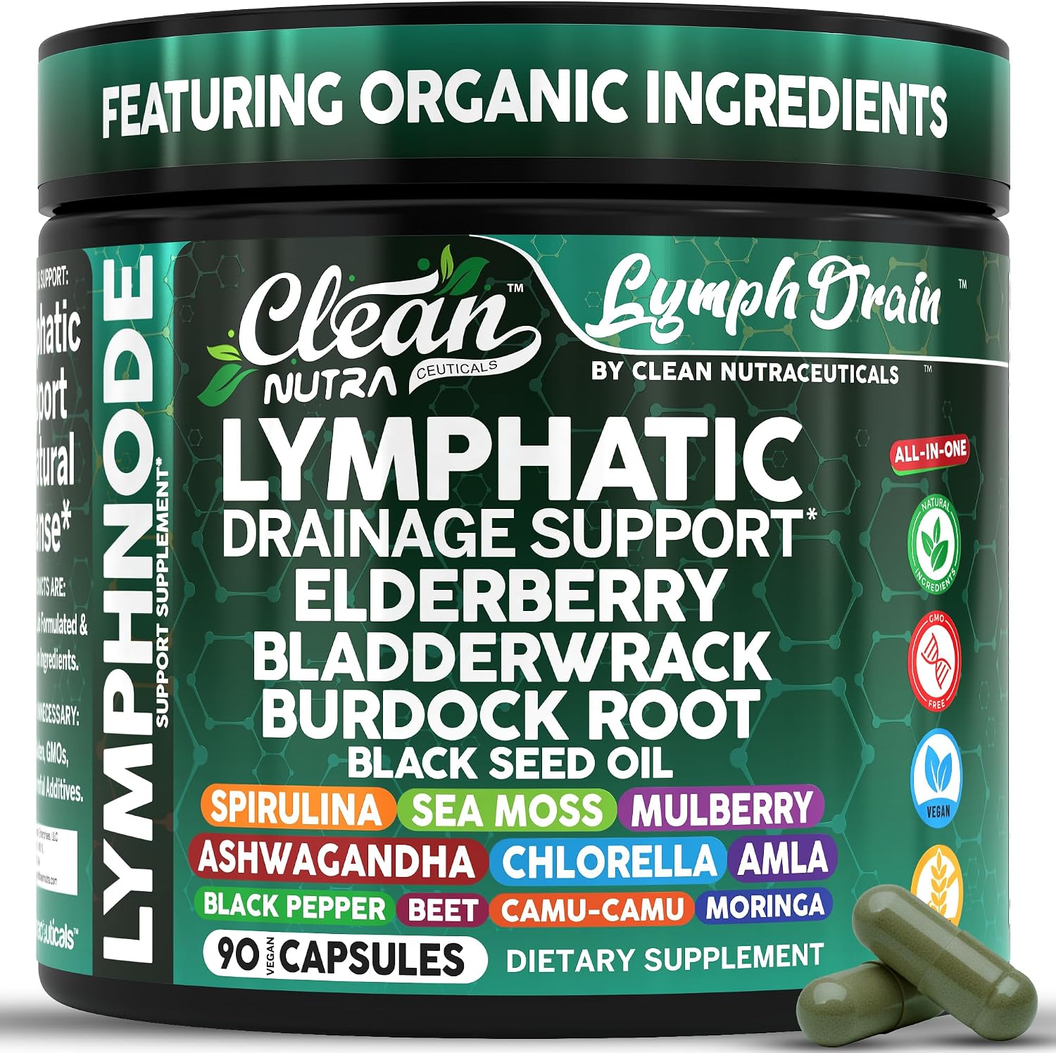 Organic Lymphatic Drainage Supplements | Elderberry Bladderwrack Burdock Root Black Seed Oil Spirulina Sea Moss Ashwagandha Chlorella Amla Beet Moringa Chlorophyll Lymph System Capsules By Clean Nutra