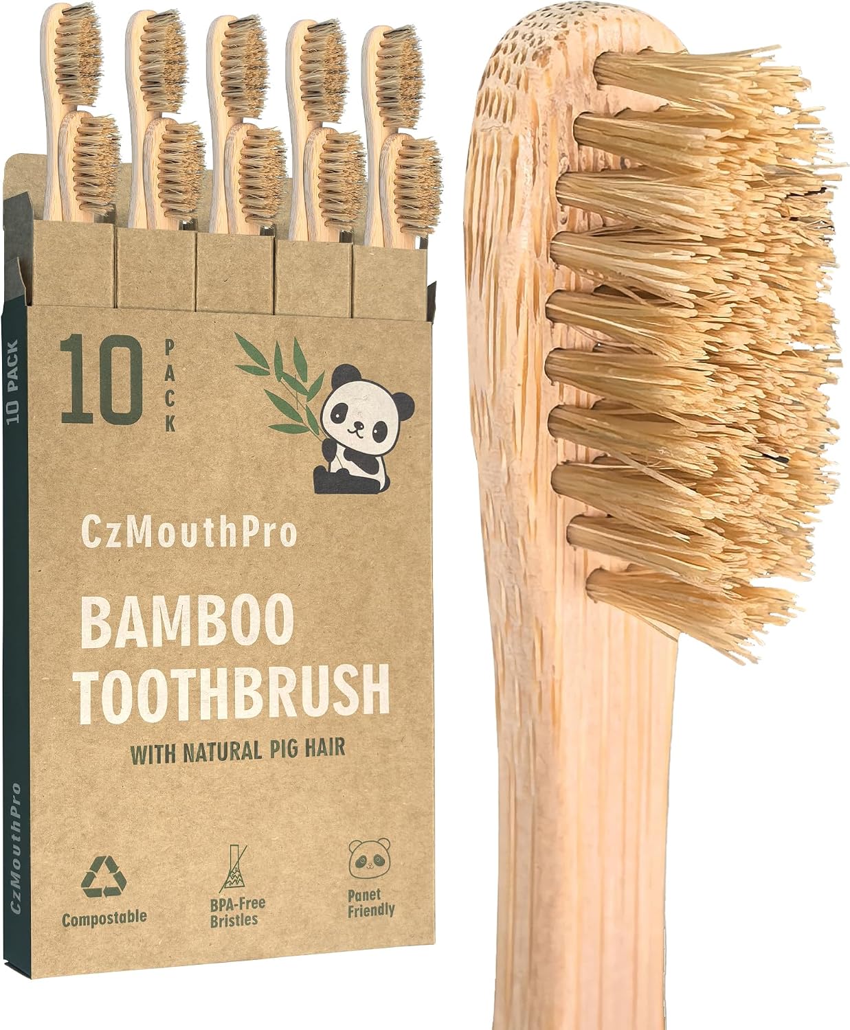 Boar Bristle Bamboo Toothbrush 10 Pack Compostable Plastic Free | Natural boar bristles bamboo, compostable, BPA/PFAS free, ideal for home, travel & hotel bulk use for eco adults.