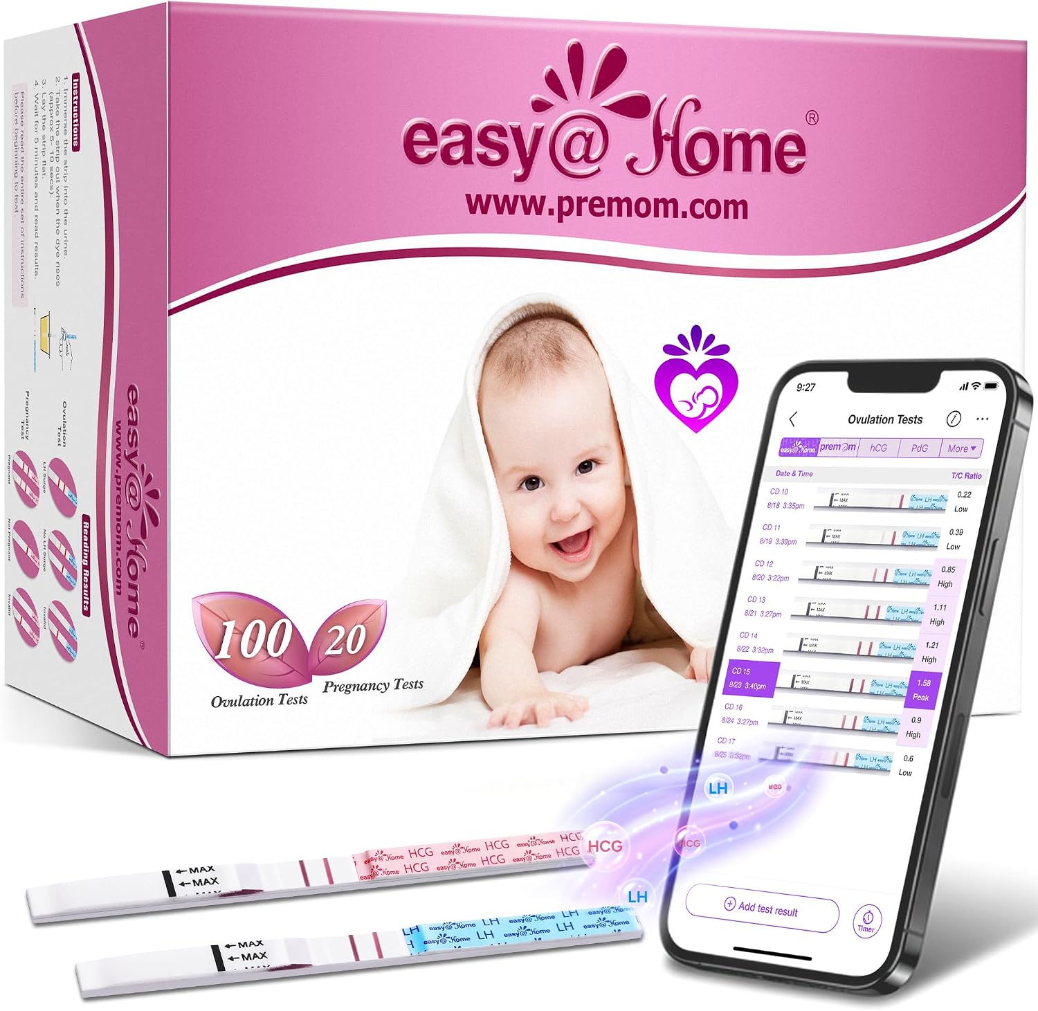Easy@Home Ovulation & Pregnancy Test Strips Combo Kit, 100 LH + 20 hCG | Includes 100 LH Ovulation Tests and 20 hCG Pregnancy Tests for At-Home Cycle and Pregnancy Testing, Package May Vary