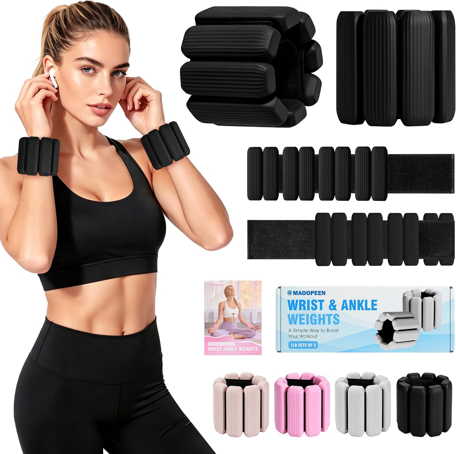 Wrist Weights Set, 2Pack Adjustable Ankle Weights for Women/Men(1 lb Each), Silicone Weighted Bangles for Yoga, Pilates, Running & Walking, Arm & Leg Weights