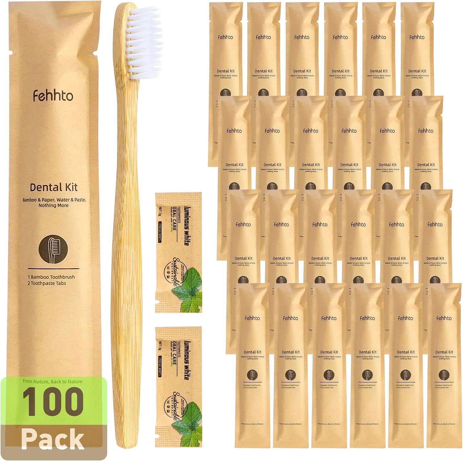 100 Pack Bamboo Toothbrushes with Toothpaste 6g Individually Wrapped | Disposable Travel Toothbrushes Kit, Guest Dental Kit for Hotel Amenities, Airbnb Hosts, Travel & Camping