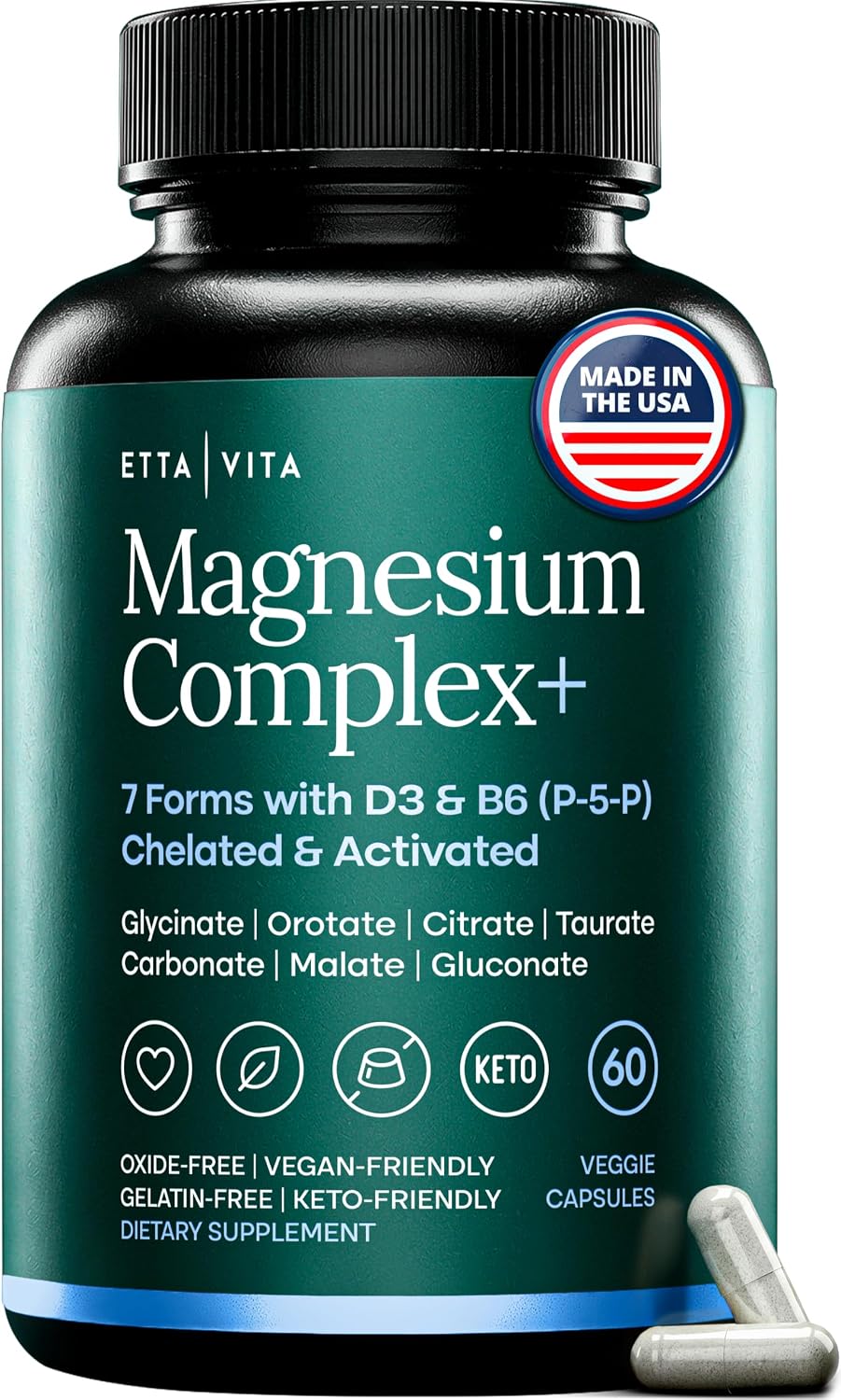 Magnesium Complex for Women & Men 500mg (7-in-1) with Vit D3 & B6 – 60 Ct | Oxide-free and filler-free, 7 bioavailable forms including glycinate, citrate & malate for sleep, cramps & stress, vegan, USA