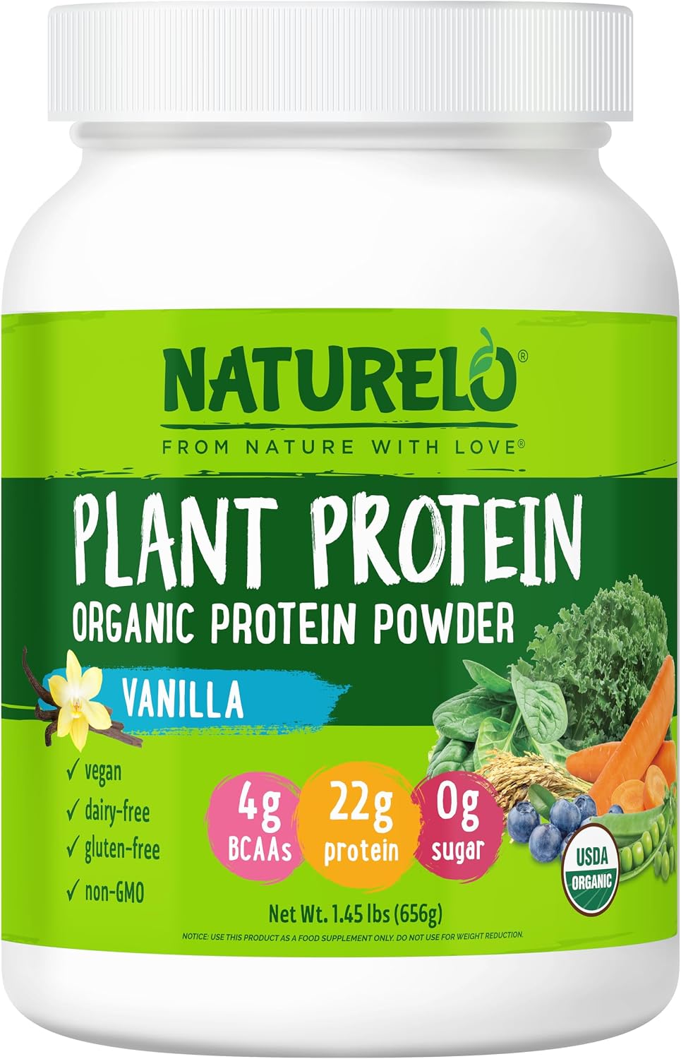 NATURELO Plant Protein Powder, Vanilla, 22g Protein, 20 Servings