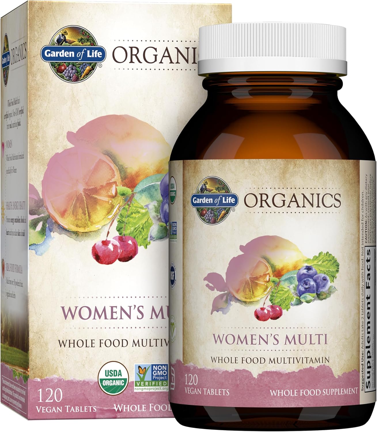 Garden of Life Organics Women’s Multivitamin, USDA Organic, 120 Tablets | Vitamin C, D3, Folate, B12, Biotin & Iron, Energy, Heart Health & Radiant Skin, Non-GMO, Vegan