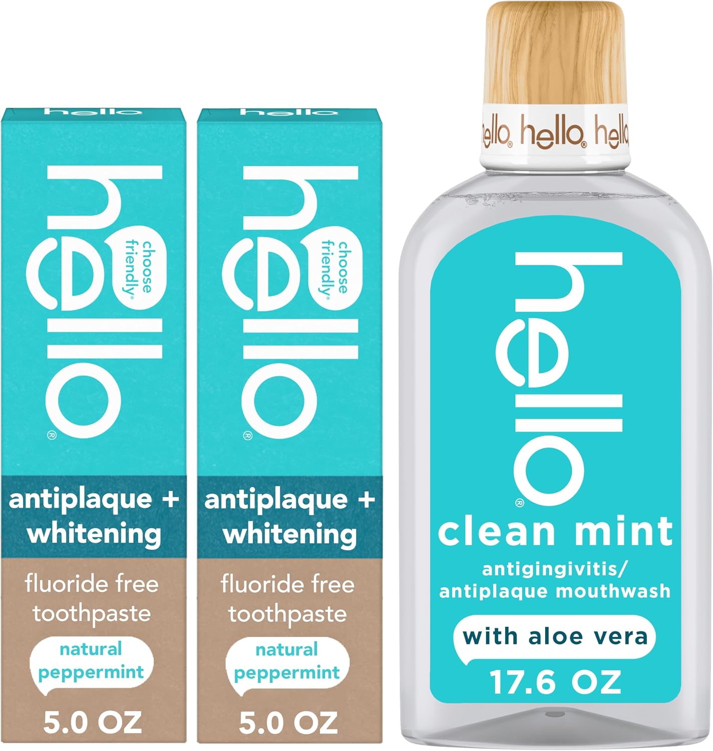 Hello Antiplaque Whitening Fluoride Free Toothpastes and Clean Mint Alcohol Free Mouthwash Bundle Pack, Whitening Toothpaste and Antigingivitis Gum Mouthwash Pack, No Alcohol for Zero Burning | (2) 5 oz Fluoride Free Whitening Toothpastes, Peppermint, (1) 17.6 oz Antigingivitis and Antiplaque Mouthwash, Alcohol Free