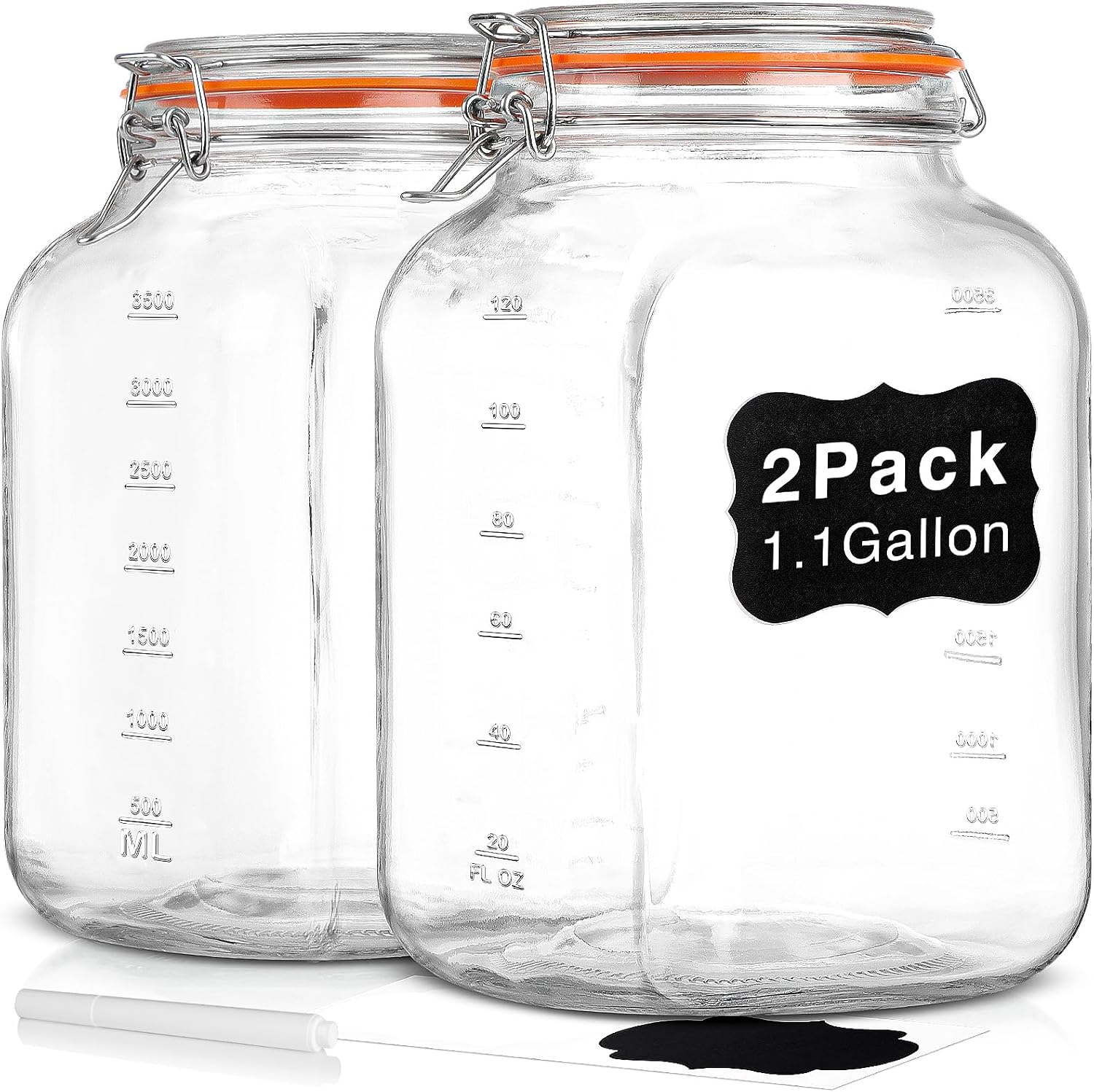 Qianfenie 1.1 Gallon Wide Mouth Airtight Glass Storage Containers with Lids | 100% Airtight Lid, Flour Storage, Kombucha, Bulk Pantry Organization, Measurement Marks, Pickling, Fermenting, Snacks