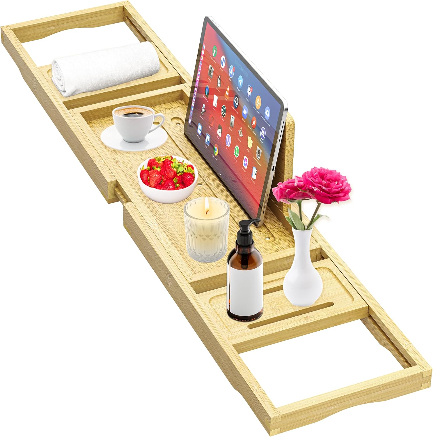 Premium Bathtub Tray – Expandable Bamboo Wooden Bath Trays for Bathub – Bath Tub Table Tray for Bathtub/Tub,Adjustable Size, Fits Most Tubs
