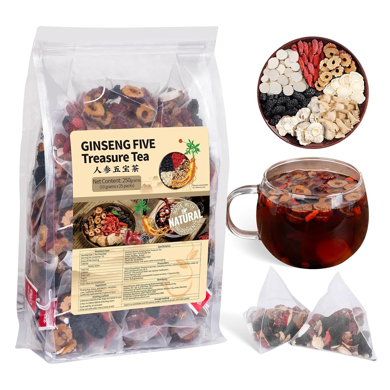 Ginseng Five Treasures Kidney Tea, Traditional Chinese Herbal TeaBags, Natural Kidney Cleanse Detox Tea for Women & Men, 7 Precious Ingredients Formula(1 Pack/25 Bags)