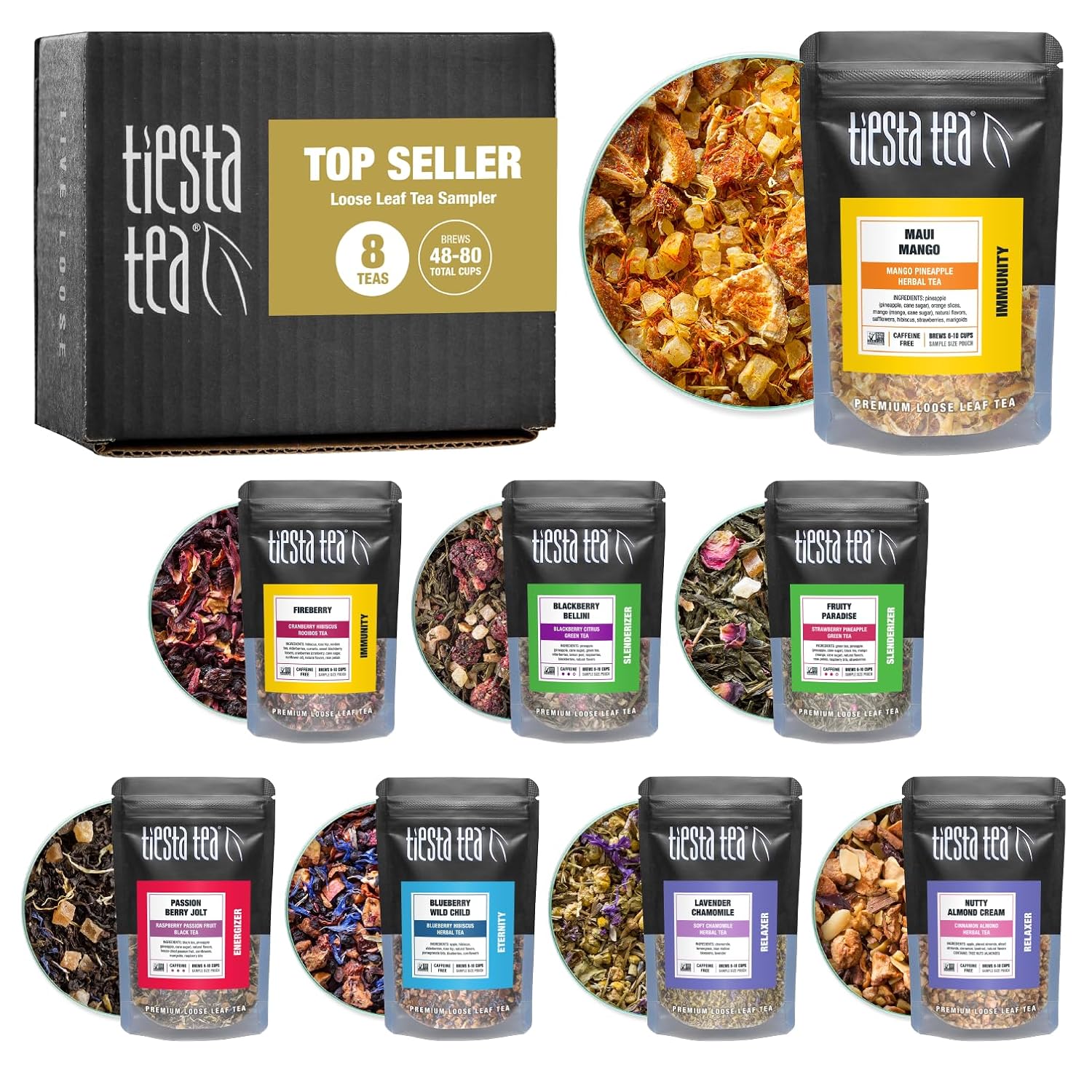 Tiesta Tea – Top 8 Favorites Sampler Set, Loose Leaf, Up to 80 Cups | High to No Caffeine, Hot & Iced, Tea Variety Pack with Green, Herbal, & Black, 8 Sample Pouches