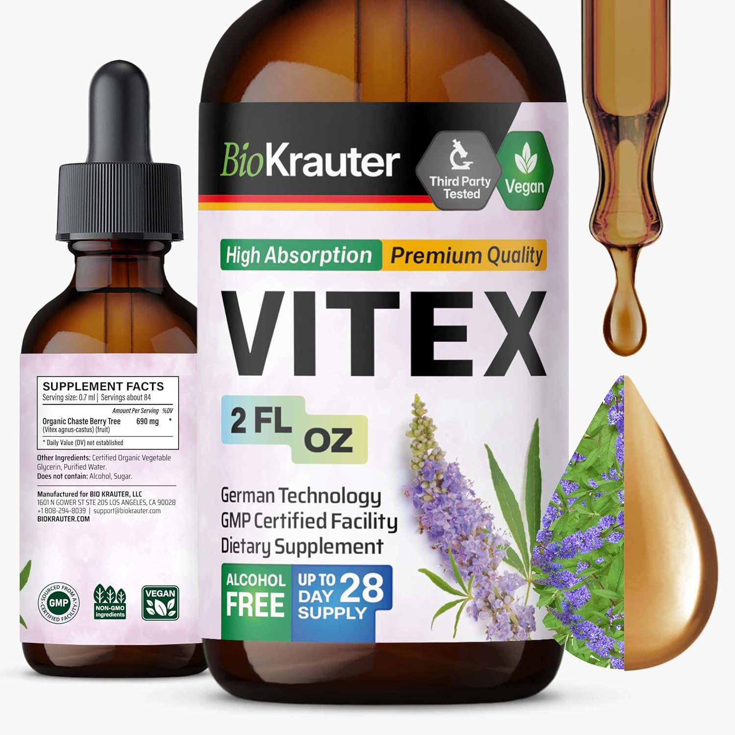 BIO KRAUTER Vitex Chasteberry Supplement for Women & Menopause Support* | 2 Fl.Oz, 28 Days of Supply, Pure Vegan Vitex Berry Tincture, Alcohol & Sugar Free, Relaxation & Women’s Wellness