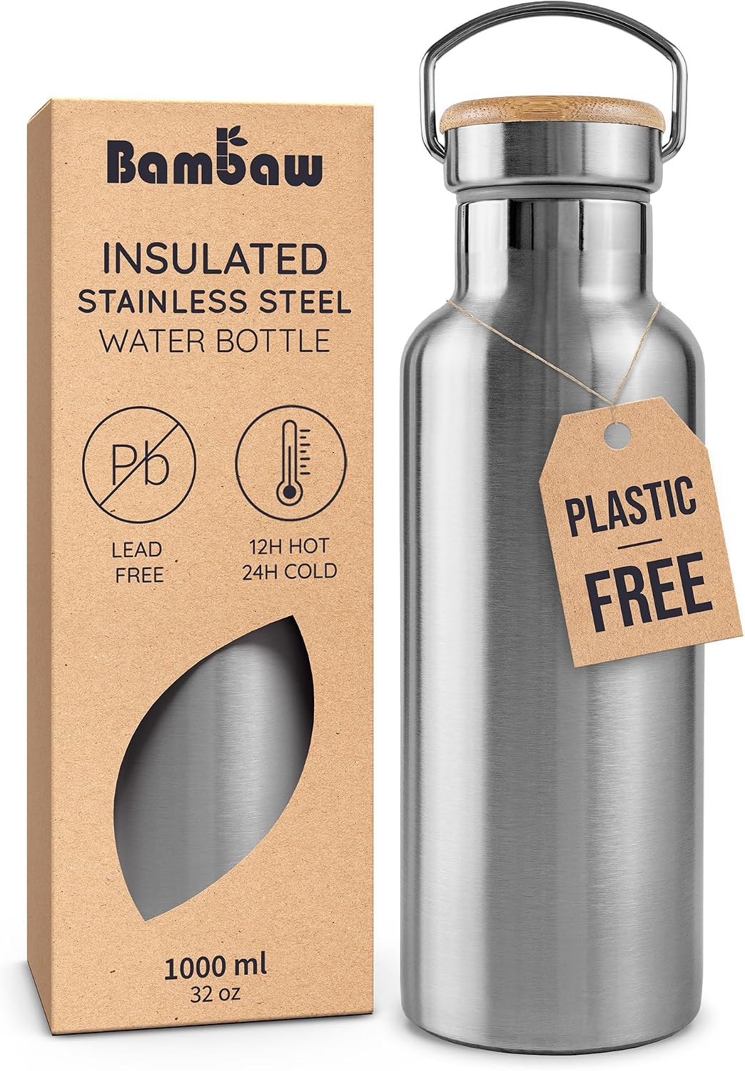 Bambaw Stainless Steel Insulated Water Bottle 32 oz, Stainless Steel Water Bottles 32 oz with Handle & Wide Mouth, Rust-Resistant Metal, Durable & Great for Travel (Natural Steel)
