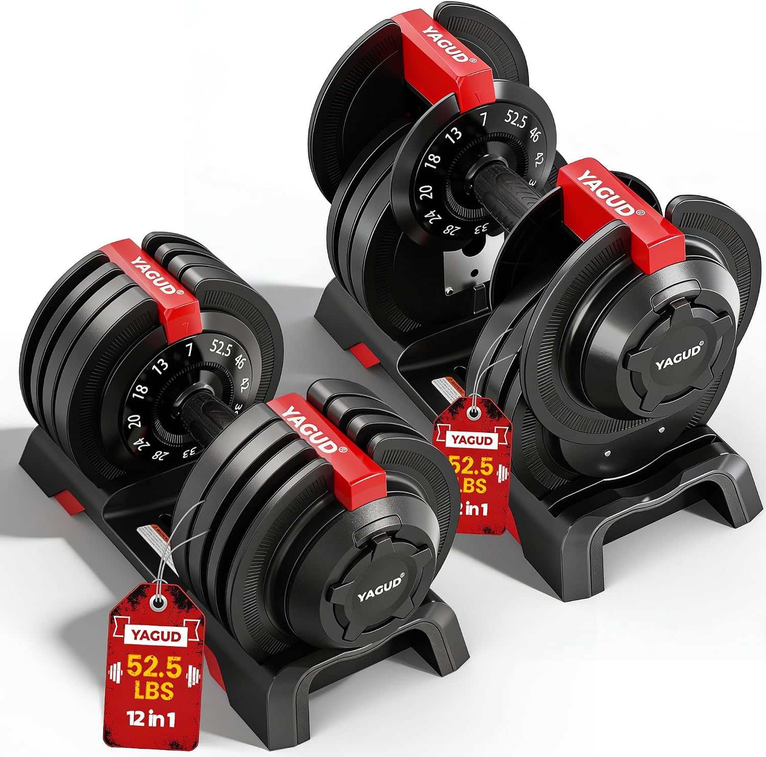 Yagud Adjustable Dumbbell Set, 52.5/90 lbs Adjustable Weights Dumbbells | 12/16 Levels Adjust,1 Hand Rotation, Safety Lock System, Non-Slip Texture Grip, Space-Saving Design for Full-Body Home Gym