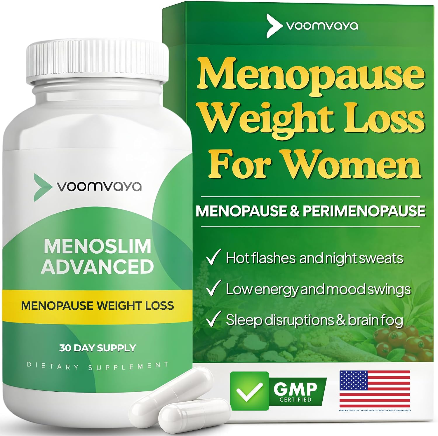 VoomVaya MenoSlim Advanced Menopause Weight Loss Supplements for Women | Supports Healthy Metabolism & Relief From Menopause Symptoms, 60 Capsules