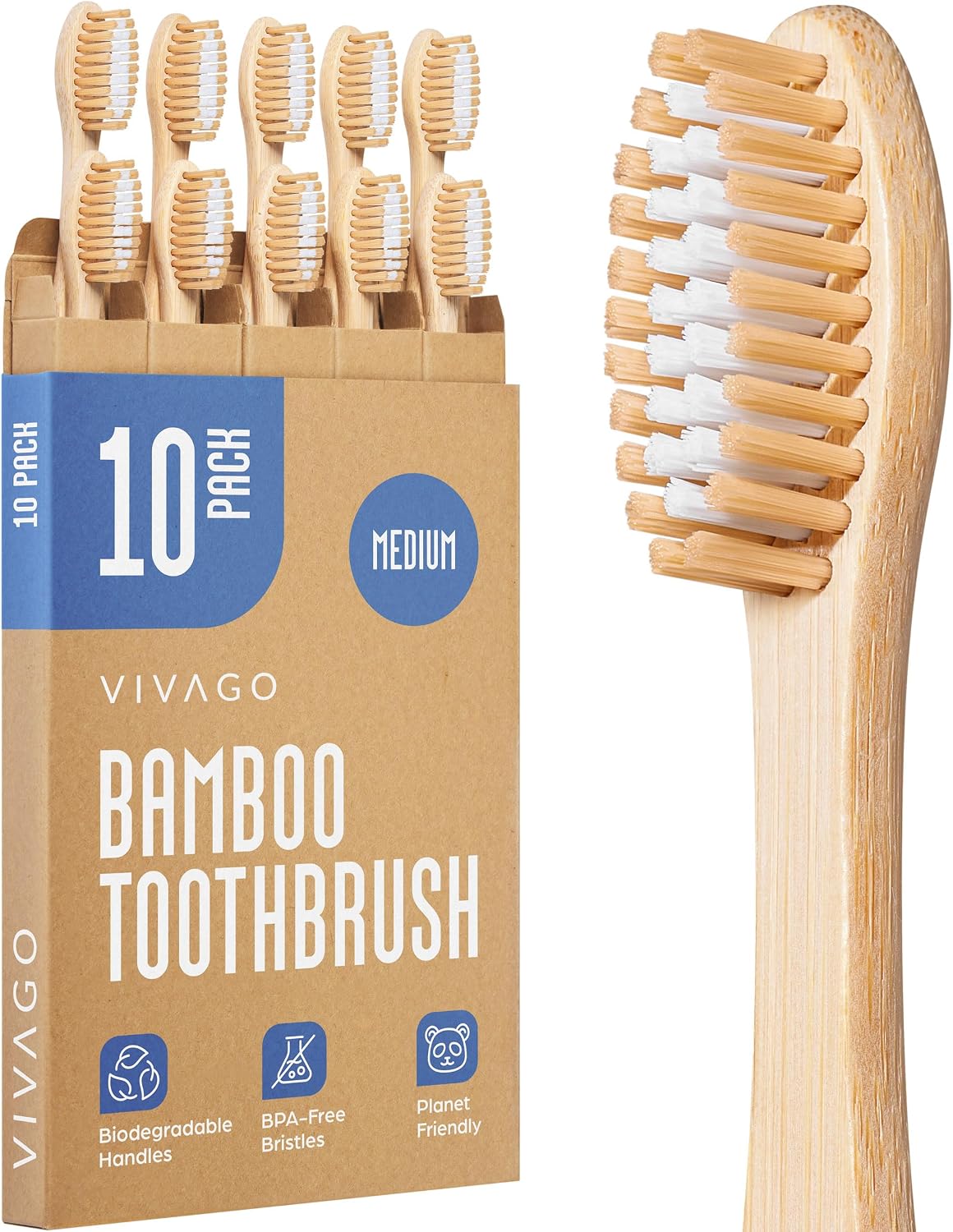 VIVAGO Bamboo Toothbrushes – Medium Bristles Toothbrushes for Adults | Natural Toothbrush, Eco-Friendly, Wooden Toothbrush, BPA-Free, 10 Pack