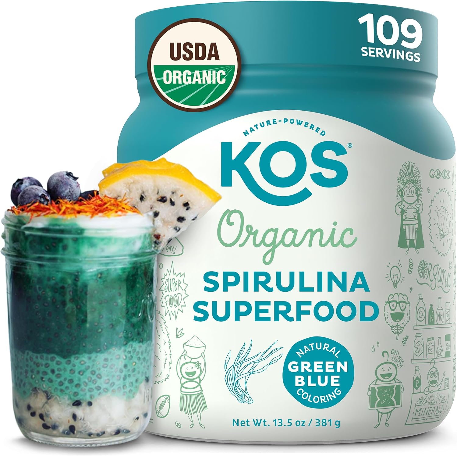 KOS Organic Spirulina Powder – USDA Certified Organic, 109 Servings of Superfood Powder for Smoothies & Juices, Non-Irradiated Blue Green Algae, Plant Based with Antioxidants, Vegan (13.5oz)