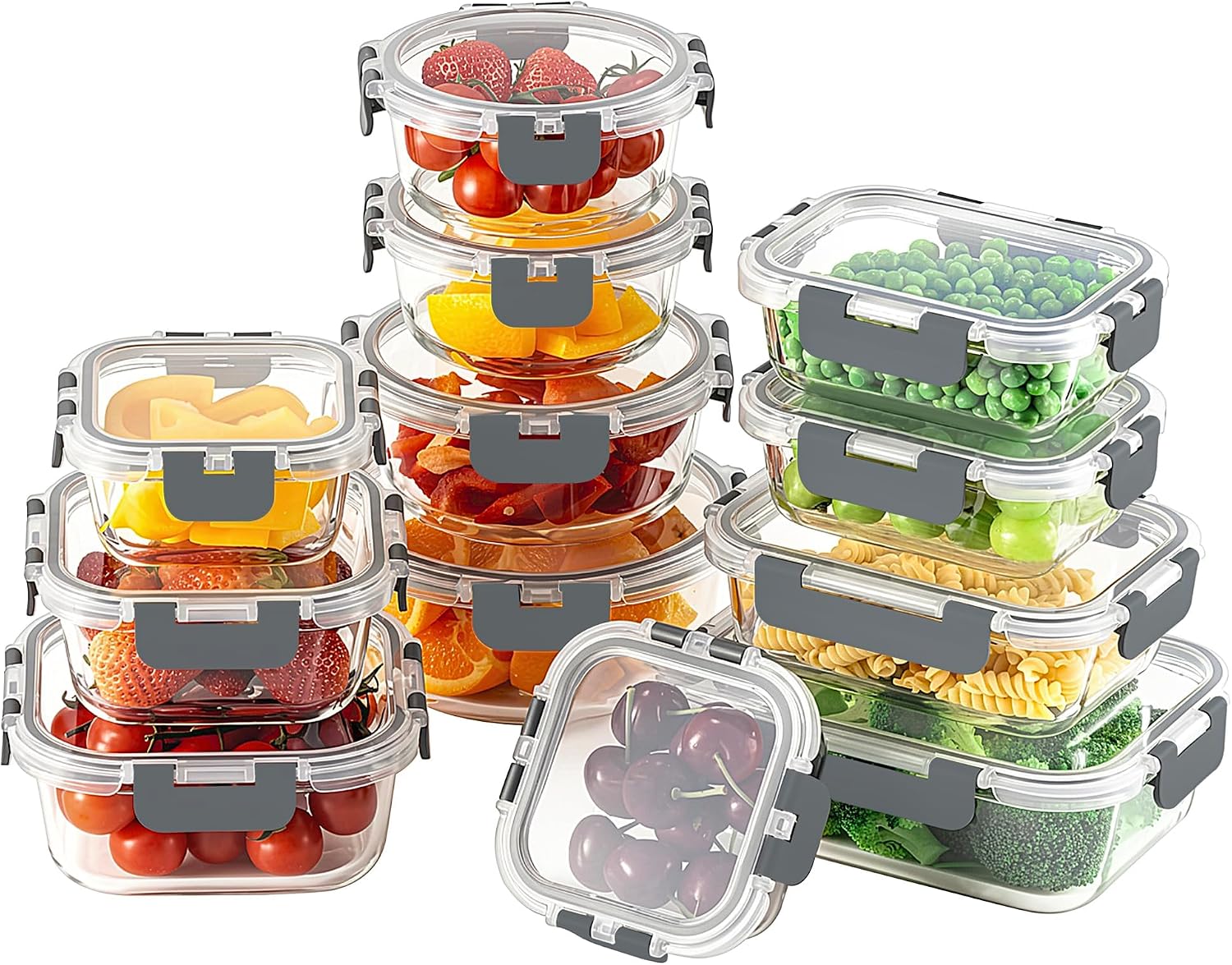 HOMBERKING 24pc Borosilicate Glass Food Storage Containers with Snap Locking Lids, Glass Meal Prep Containers, Airtight Lunch Boxes, Oven, Freezer and Dishwasher Safe, BPA Free, Kitchen Storage Set