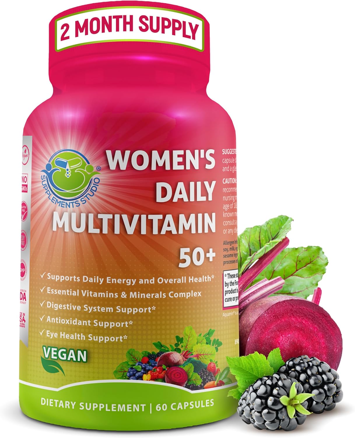 Vegan Methylated Multivitamin for Women 50 and Over – Biotin & Lutein | Women’s Daily Multivitamin 50 Plus – Eye, Energy & Digestive Support, Organic Superfoods, Easy-to-Swallow Capsules