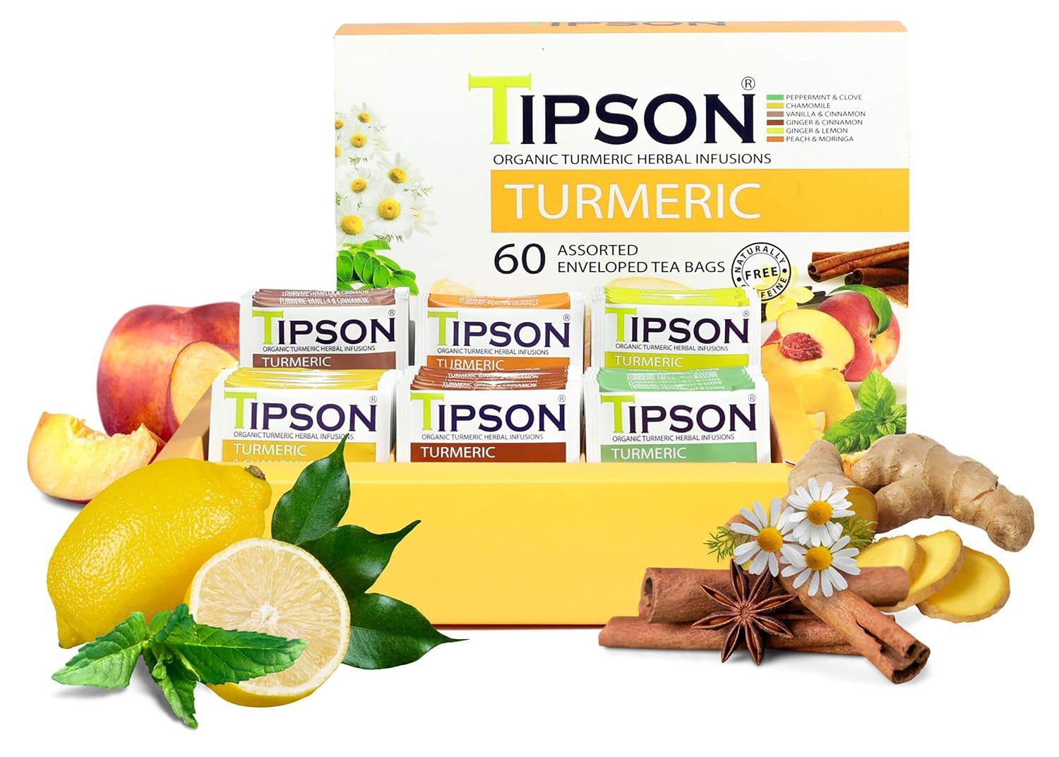 Tipson Organic Turmeric Variety Sampler – 6 Flavors (60 Tea Bags), Herbal Tea Infusions – USDA Organic, Non GMO, and Gluten Free