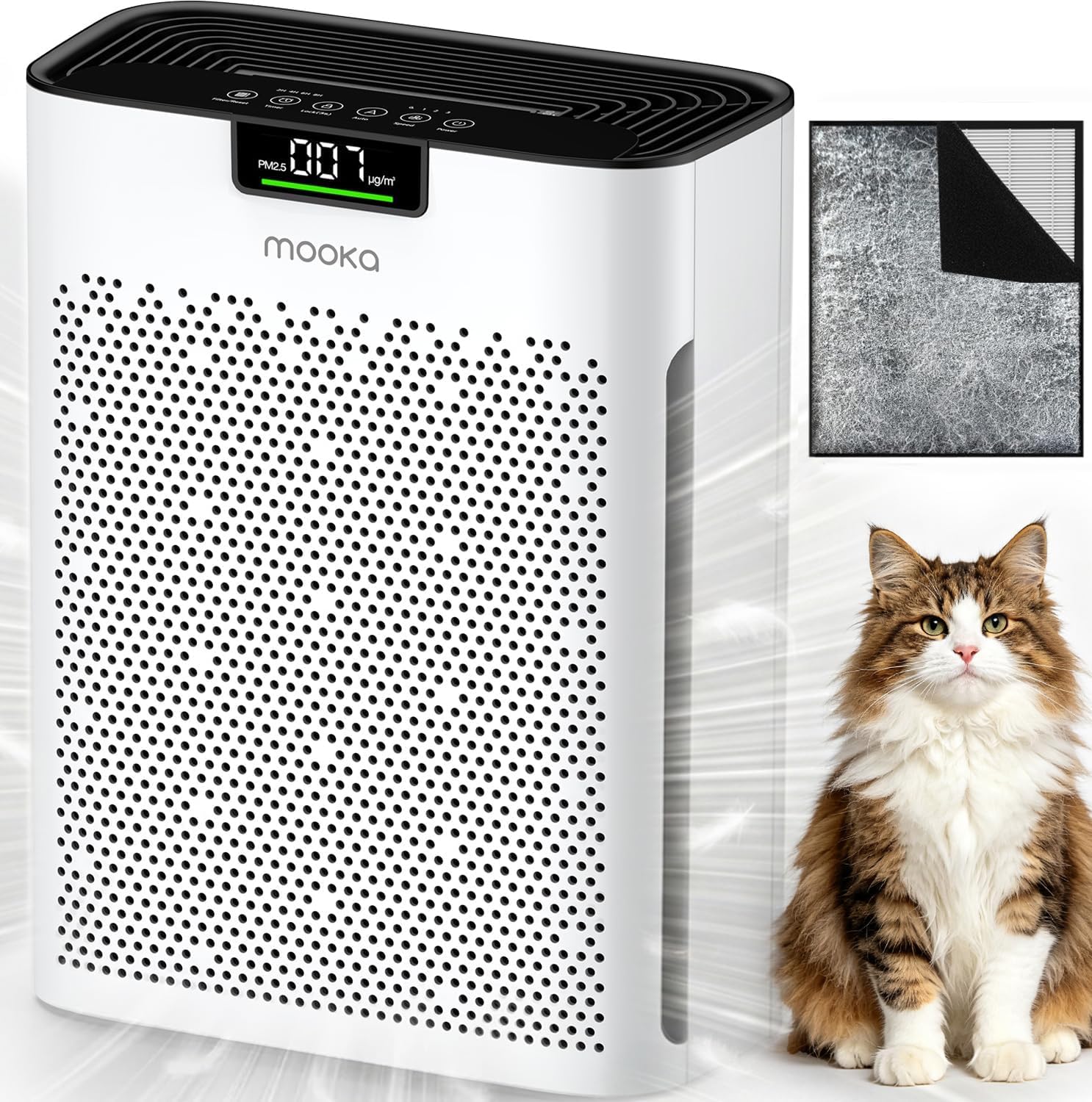 MOOKA Air Purifier for Home Bedroom Large Room 2200 Ft², True HEPA Filter | Washable Pre-Filter, Auto Mode, Quiet Sleep Mode, Air Quality Monitor, Air Cleaner for Pet Dust Smoke Pollen, KJ190H White