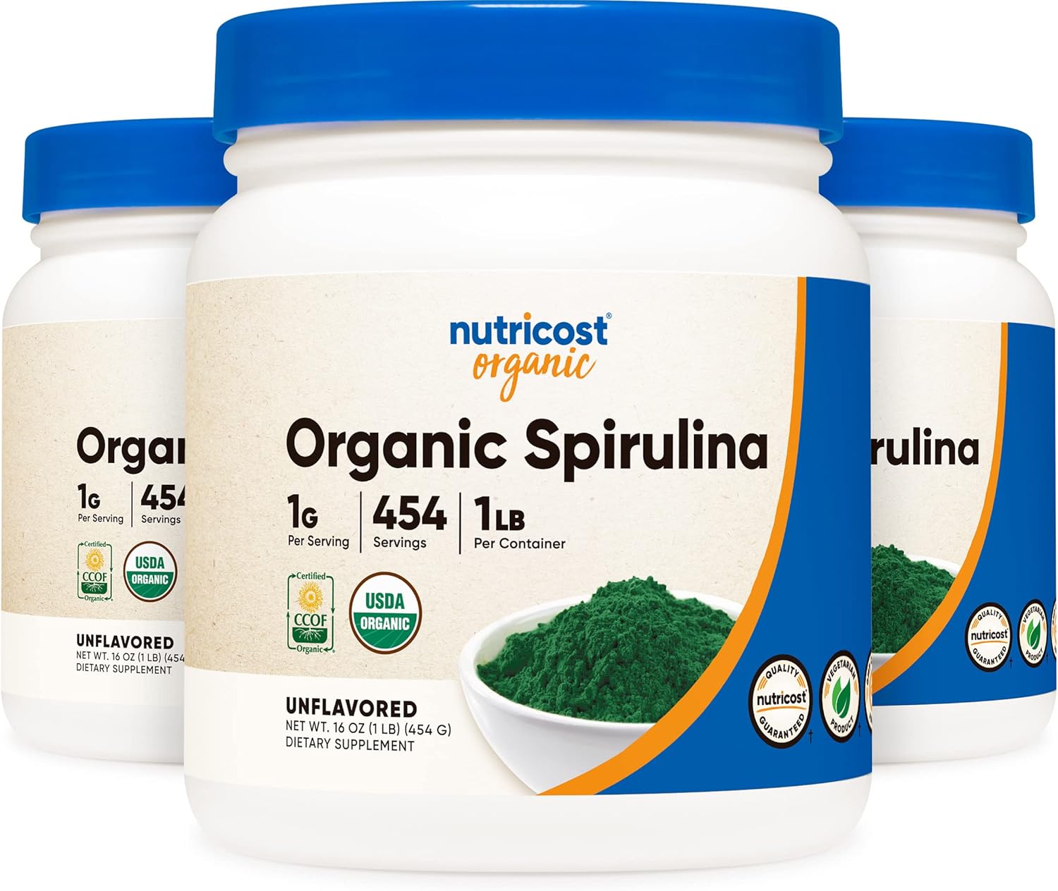 Nutricost Organic Spirulina Powder Unflavored, 1LB Container for 454 Servings (3 Bottles) – Vegan, GMO Free and Gluten Free
