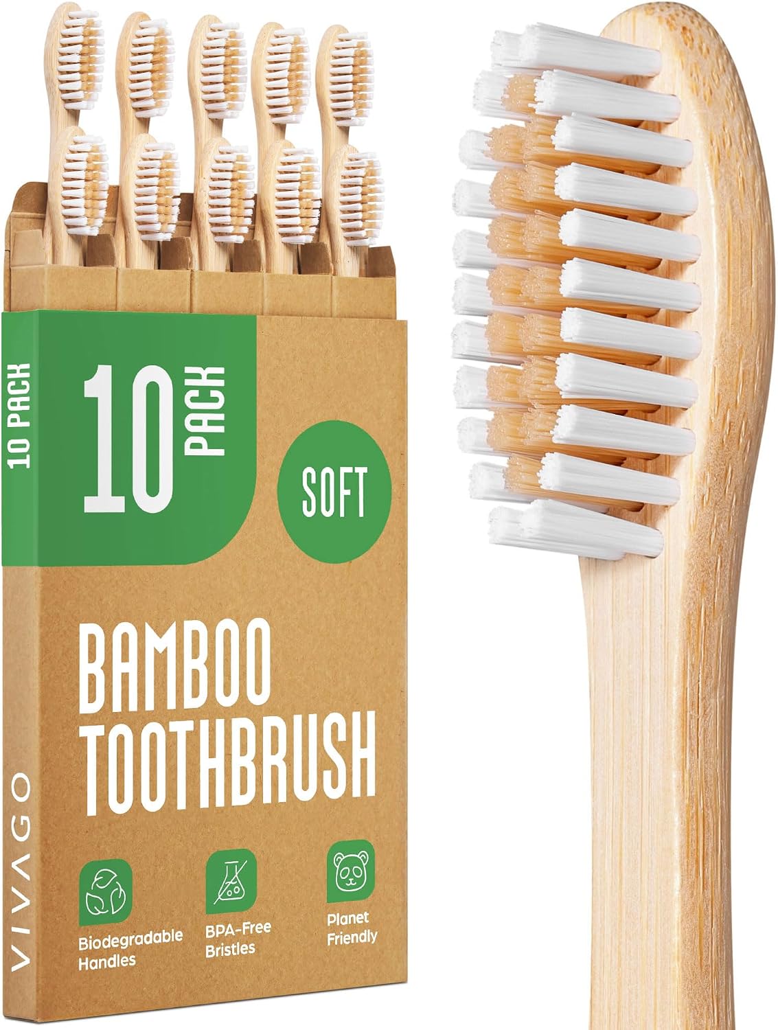 VIVAGO Bamboo Toothbrushes 10 Pack – Soft Bristles Toothbrushes for Adults | Natural Toothbrush, Eco-Friendly, Wooden Toothbrush, BPA-Free