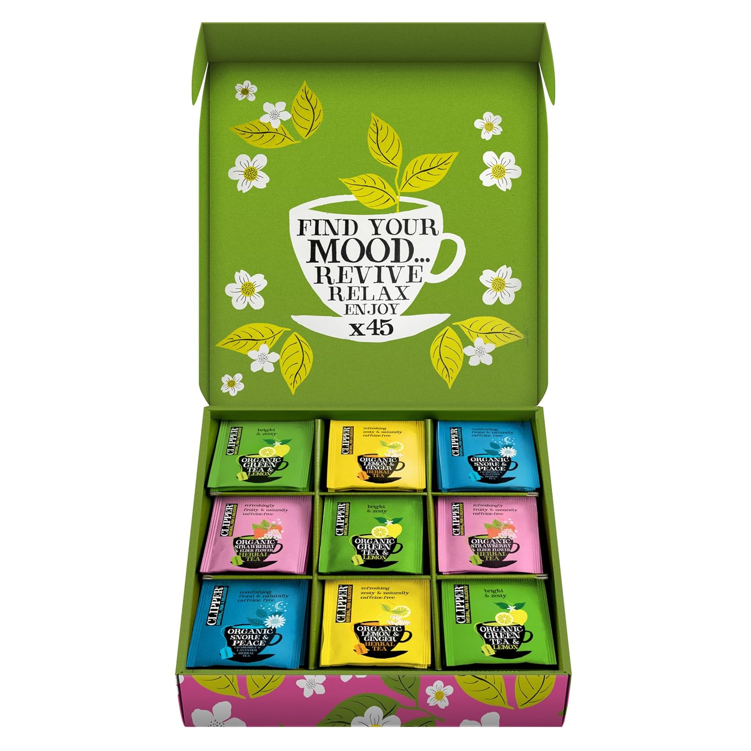 Clipper Organic Herbal & Green Tea Sampler Box, 45 Tea Bags | 45 individually wrapped envelopes of 7 delicious organic green and herbal teas to share (or keep for yourself)!