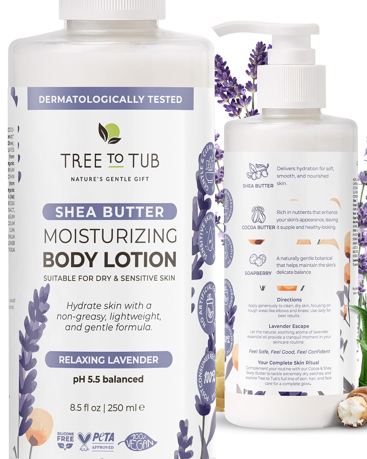 Tree To Tub Lavender Moisturizing Shea Butter Lotion for Dry Skin 8.5 Fl Oz | Lasting Hydration, Gentle on Face & Body, Fast-Absorbing & Non-Greasy, For Sensitive Skin, Vegan & Cruelty-Free, Aloe Vera