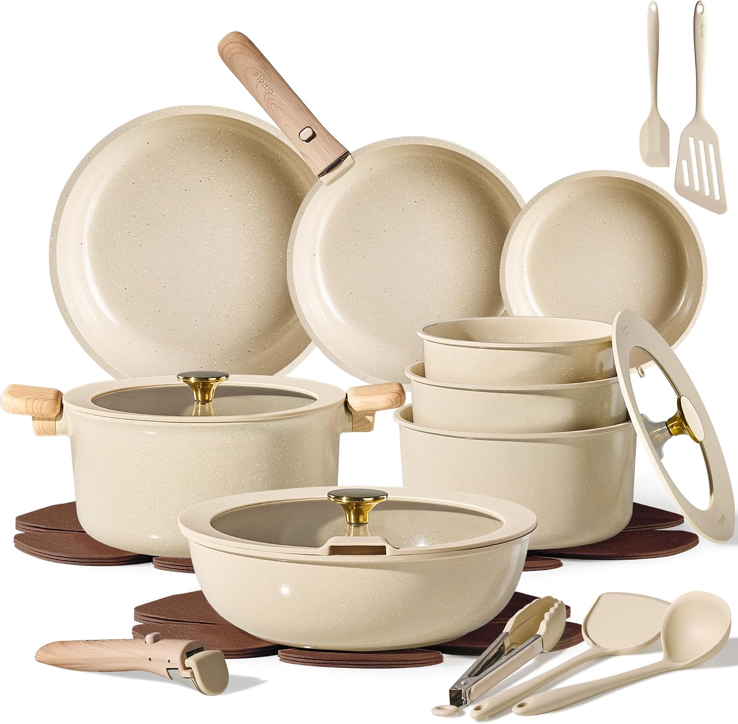 CAROTE 25pcs Ceramic Cookware Set, Pots and Pans Set with Detachable Handle