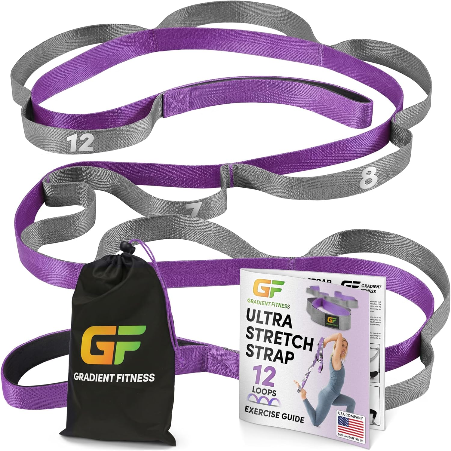 Gradient Fitness Stretching Strap for Physical Therapy, 12 Multi-Loop Stretch Strap 1″ W x 8′ L, Neoprene Handles, Physical Therapy Equipment, Yoga Straps for Stretching, Leg Stretcher.