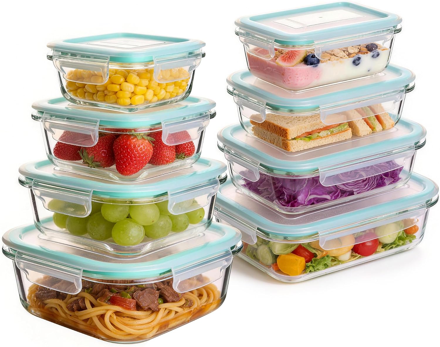 Liuruiyu Glass Food Storage Containers with Lids, 8 Pack Meal Prep Containers, Airtight Bento Boxes with Leak Proof Locking for Microwave, Oven, Freezer and Dishwasher, BPA Free（5oz to 36oz）