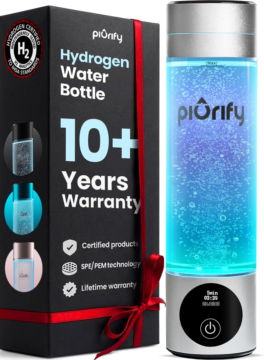 PIURIFY Hydrogen Water Bottle Generator | 6300+ PPB in 3 Cycles | 10 oz