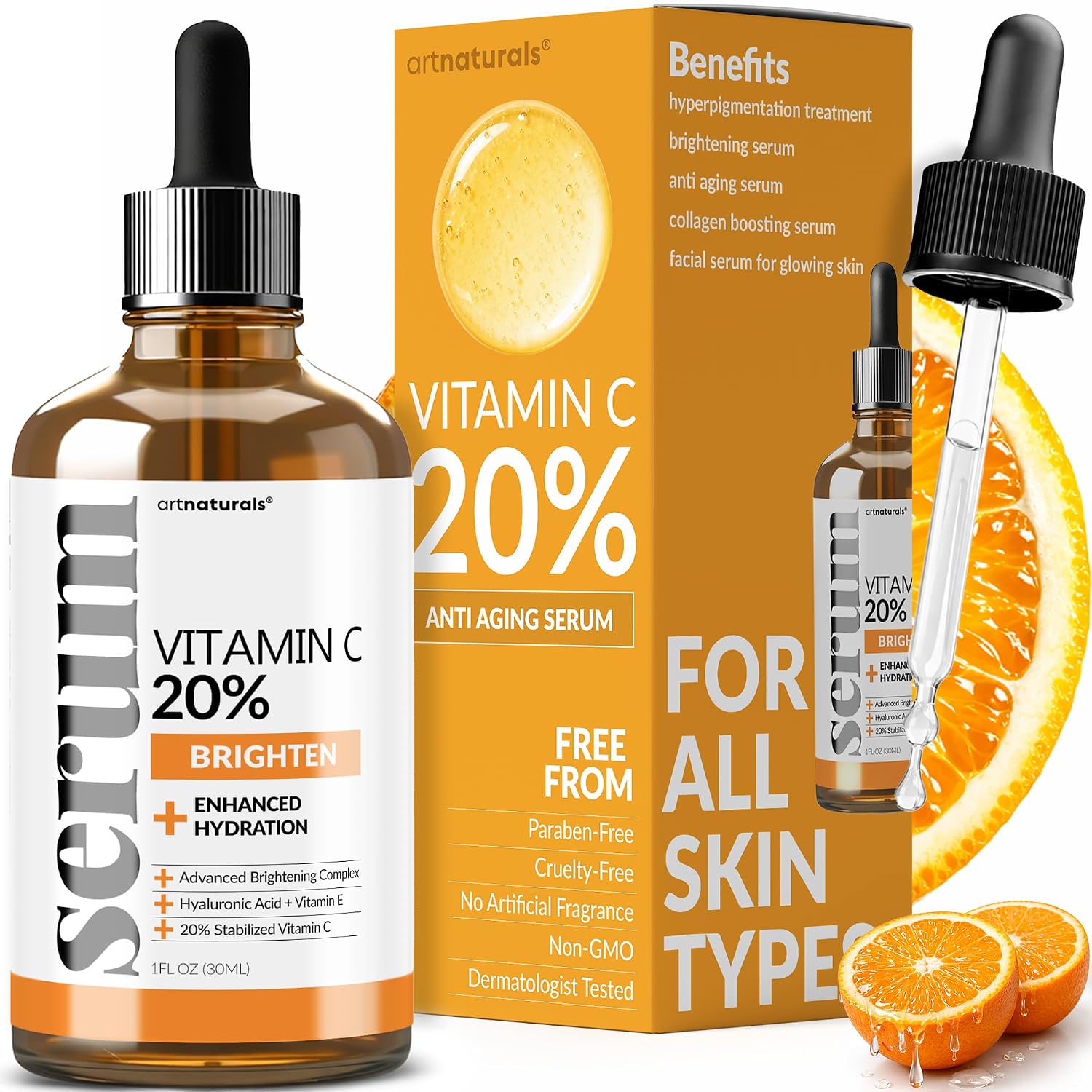 ArtNaturals Vitamin C Serum with Hyaluronic Acid, 1 fl oz | Brightens Complexion, Evens Skin Tone, Smooths Fine Lines, Antioxidant Support, Fast-Absorbing, Radiant-Looking Skin
