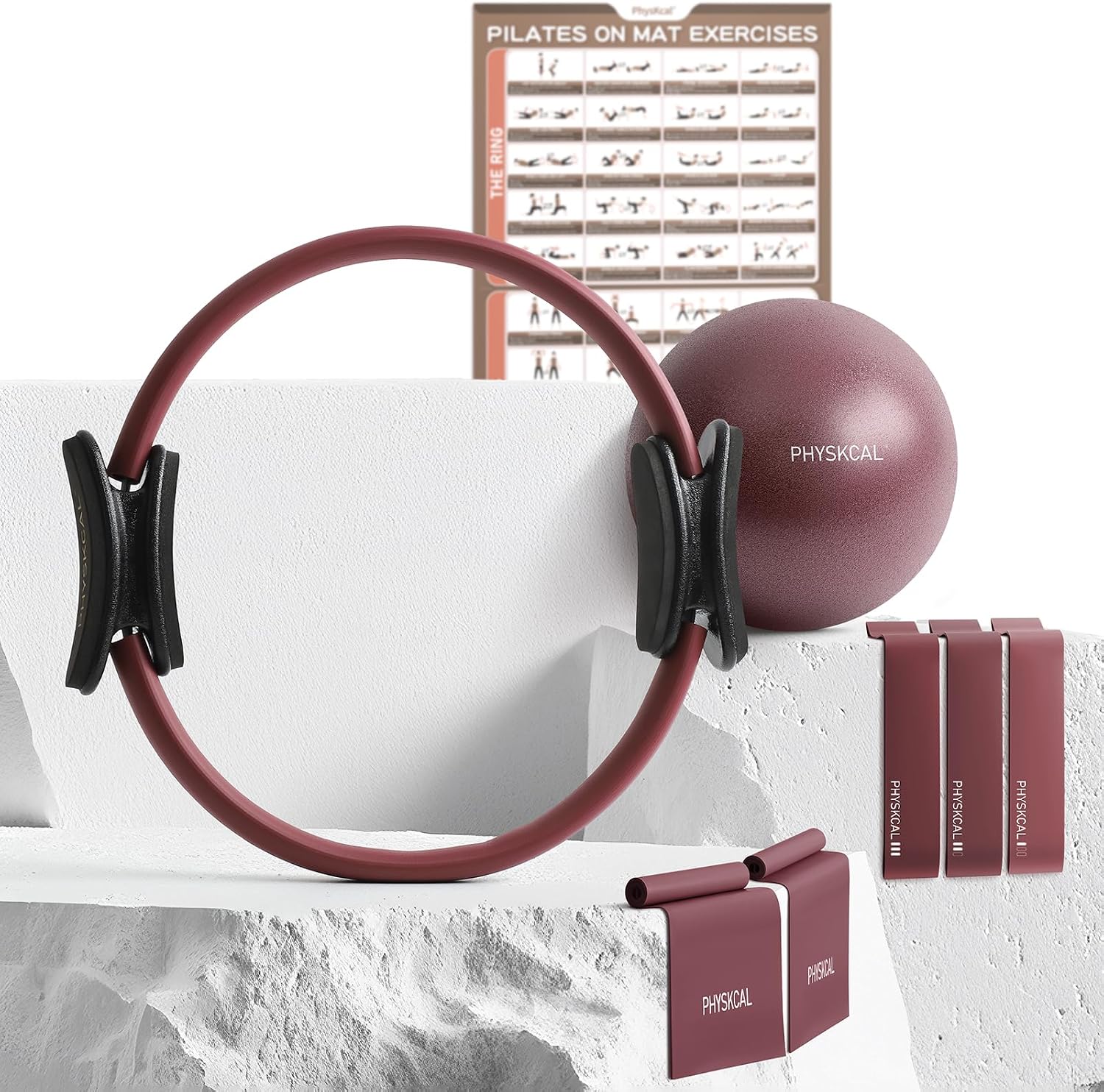 PhysKcal Pilates Kit, 15-Inch Pilates Ring with 1x Pilates Ball & 5X Bands