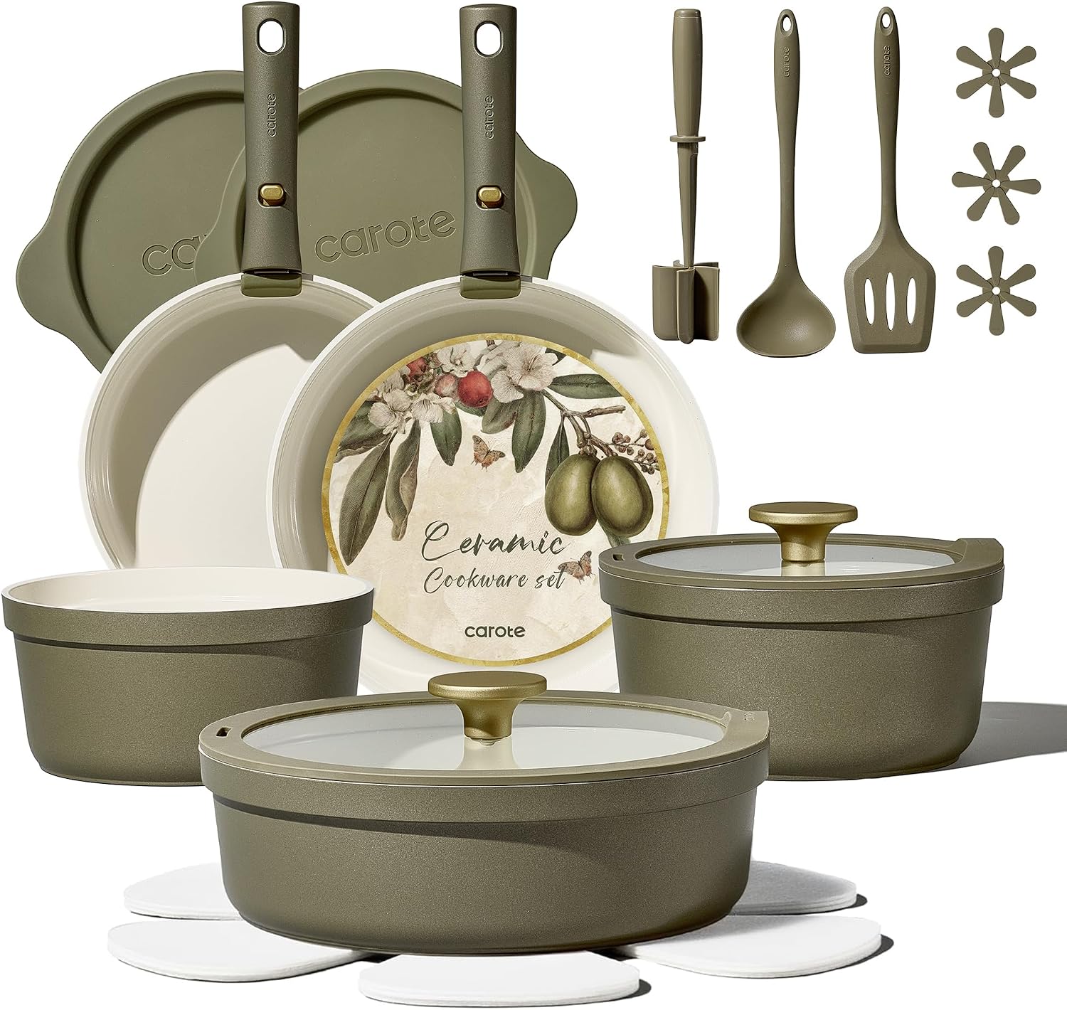 CAROTE 21pcs Ceramic Cookware Sets, Nonstick Pots and Pans Set Non Toxic