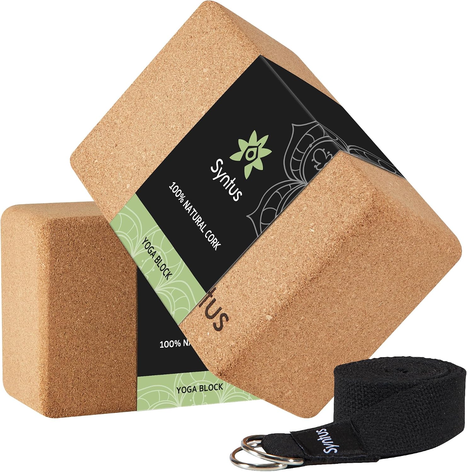 Syntus Yoga Block & Strap Set for Fitness, Pilates, Stretching and Toning | Natural Cork, EVA, 9×6×4 in, Eco-Friendly, Strong Support, Easy to Grip, Anti-Slip, Yoga, Pilates, Stretching Use
