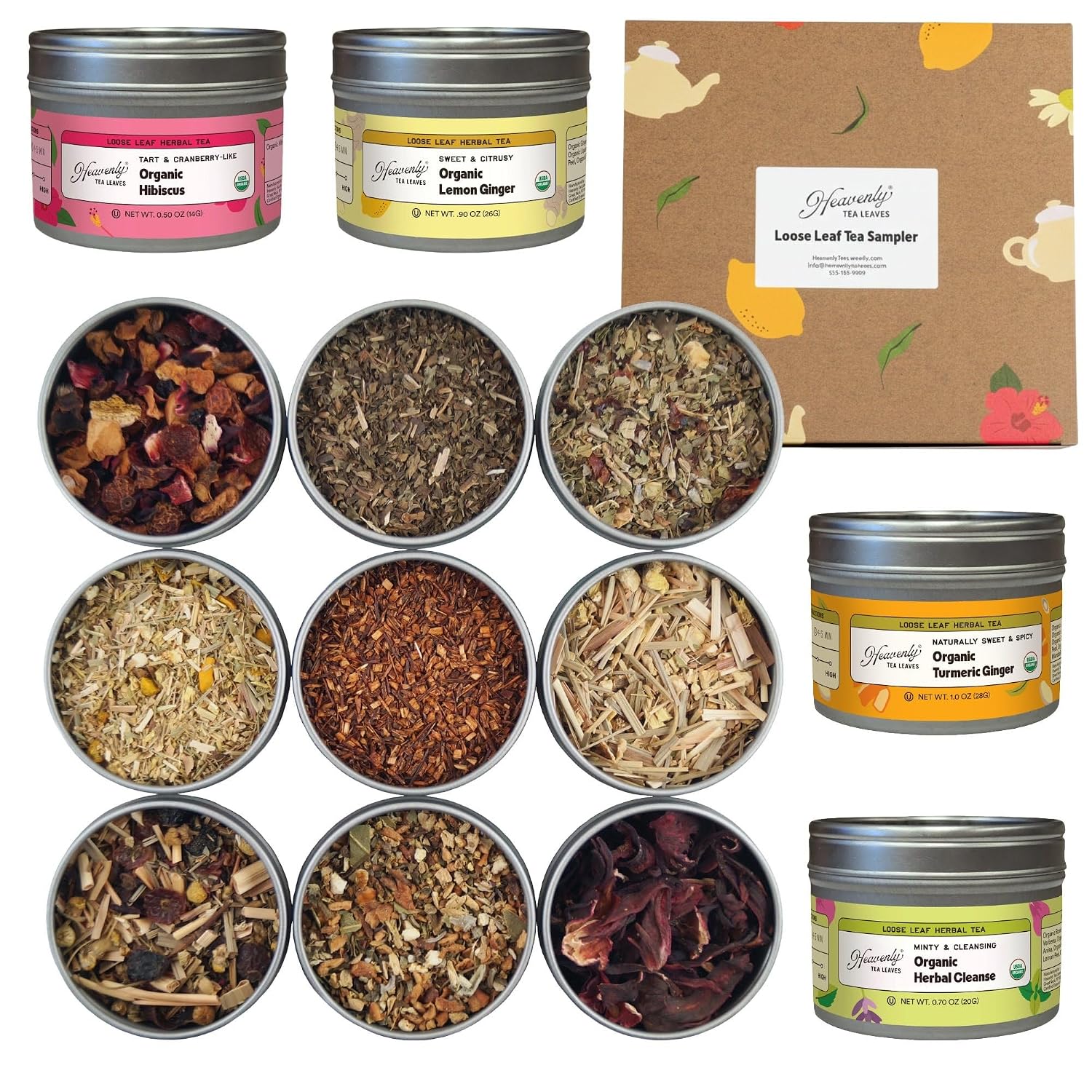Heavenly Tea Leaves Organic Herbal Tea Sampler Set, 9 Loose Leaf Varieties | Approximately 90 Cups, Naturally Caffeine-Free, Great Hot or Iced, Peppermint, Hibiscus, Lemon Ginger & Rooibos