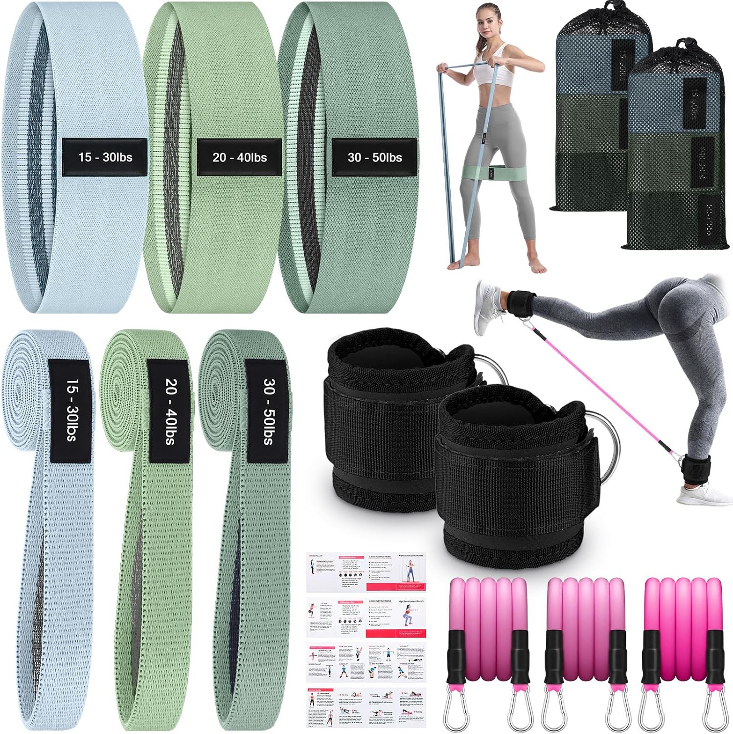 9 Pcs Fabric Resistance Band Set for Women, Booty & Glute Workout Bands with 6 Fabric + 3 Ankle Straps Non-Slip for Training, Yoga, Fitness, Gym & Pilates with Carry Bag