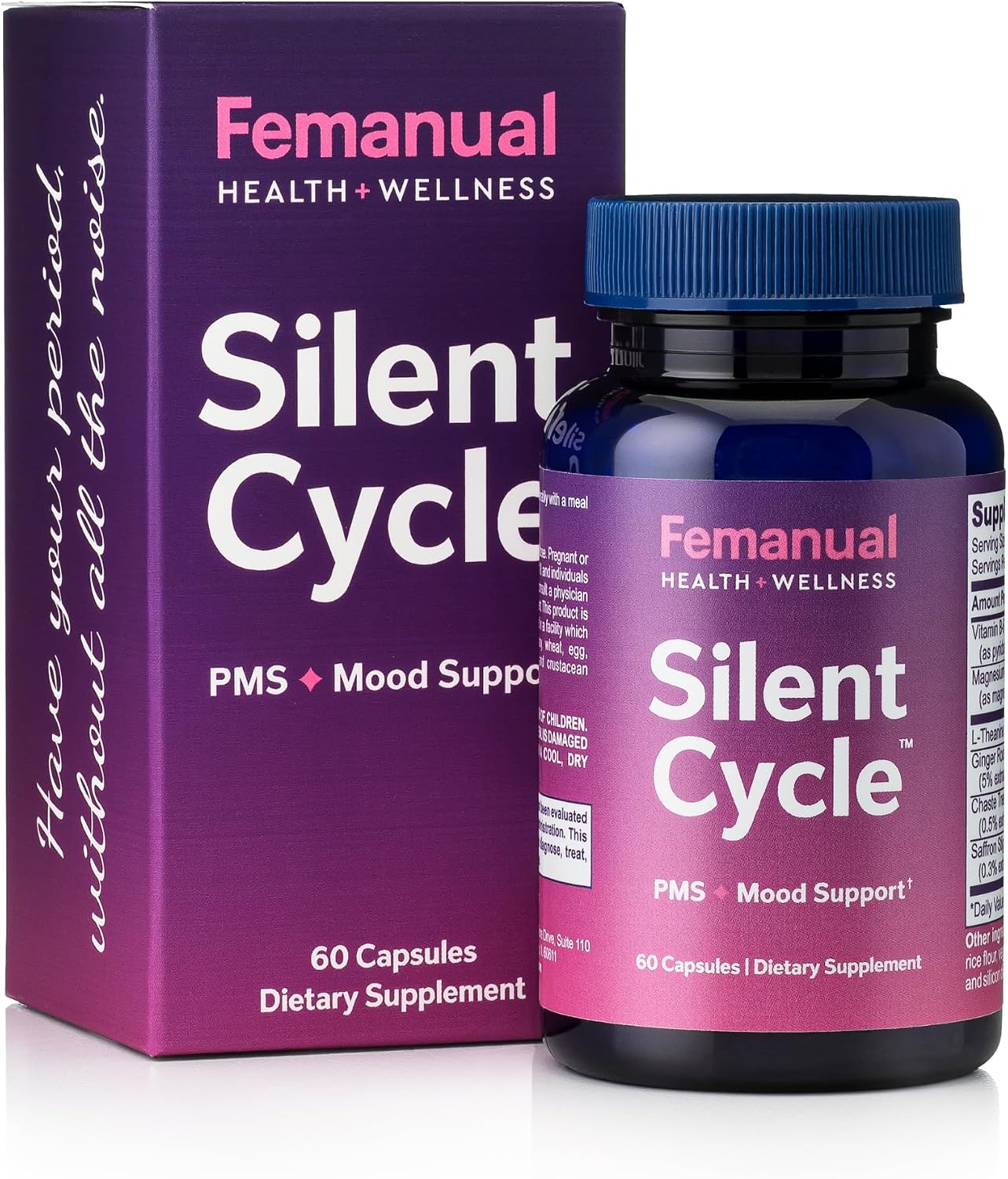 SilentCycle | PMS + Mood Support Supplement with Chasteberry (Vitex), Saffron, Magnesium, L-Theanine, Vitamin B6, and Ginger – 60 Vegan Capsules