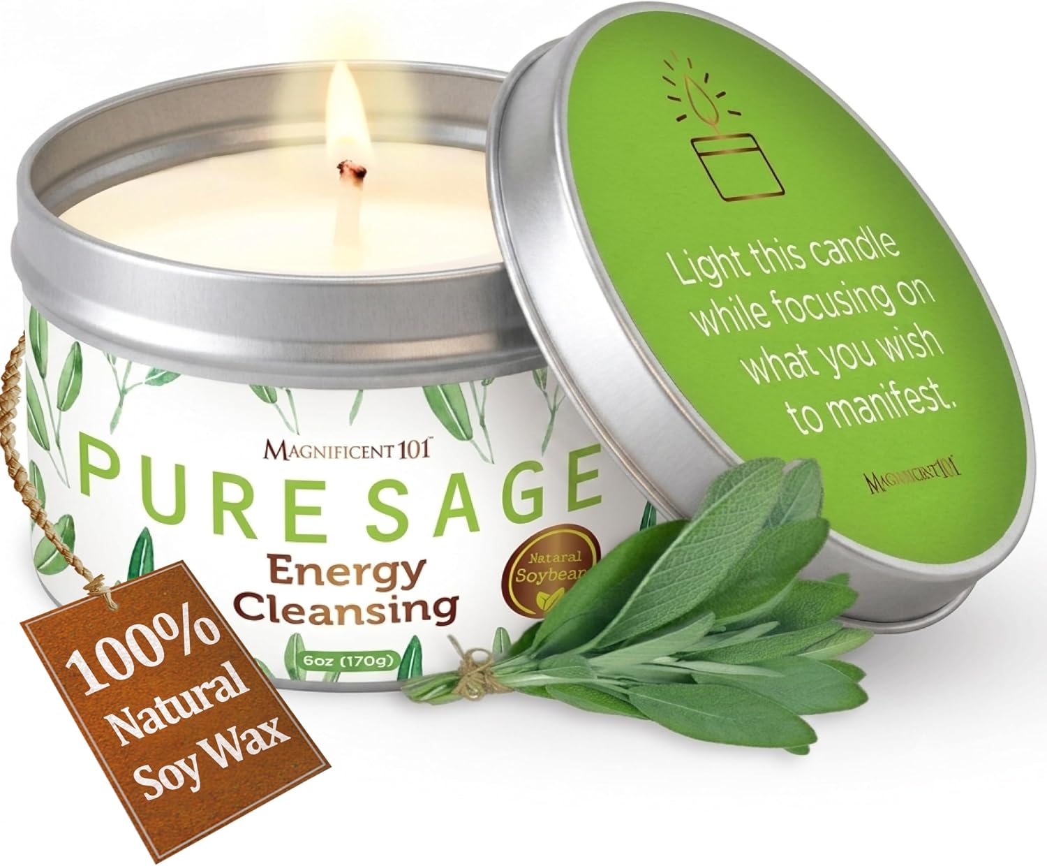 Magnificent 101 Pure Sage Tin Candle for Energy Cleansing, 6oz