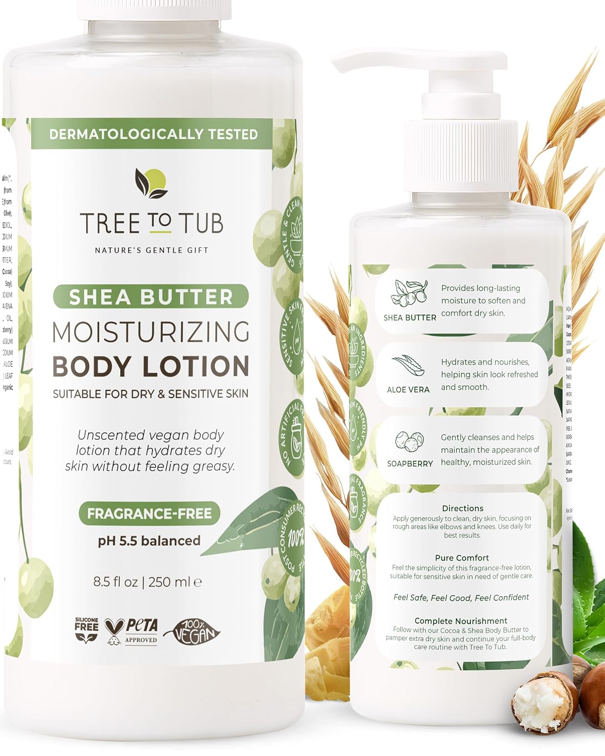 Tree To Tub Unscented Shea Butter Body Lotion Nourishes Dry Skin, 8.5 Fl Oz | Gentle on Sensitive Skin, Non-Greasy, Absorbs Quickly, pH-Balanced, Vegan & Cruelty-Free, Locks In Moisture, For Women & Men