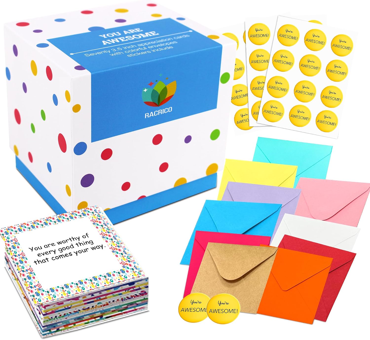Racrico 70 Inspirational Cards with Envelopes & Stickers – 3.5×3.5 Positive Affirmation Notes in Gift Box – Encouragement, Gratitude, Motivation.