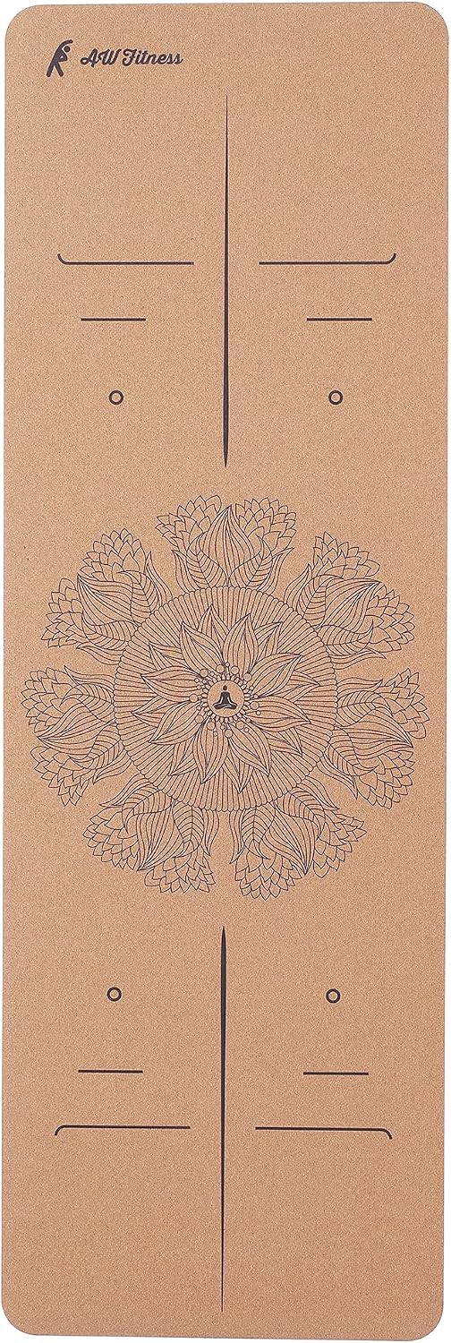 AW Fitness Premium Cork Yoga Mat | Extra Thick, Long | Natural Cork & Non-Toxic Rubber | Best for Yoga, Pilates, Exercise | Mandala Meditation Design with Markers (72-Inch x 24-Inch x 5mm Thick)