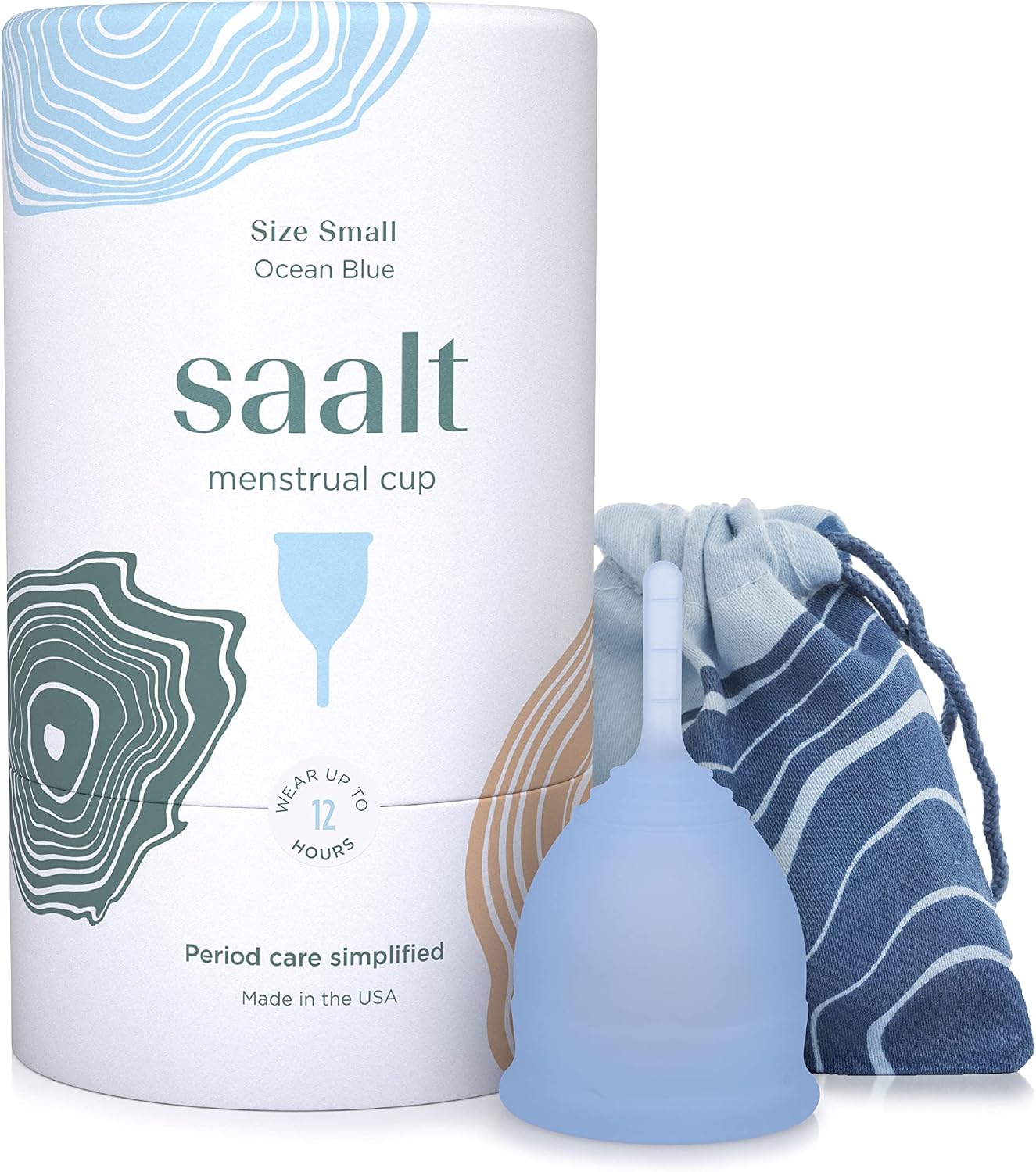 Saalt Menstrual Cup, Reusable Period Cup with Carry Bag | Comfortable Reusable Menstrual Cup with Leak-Free Protection Up to 12 Hours, BPA and Latex Free, Ocean Blue, Small