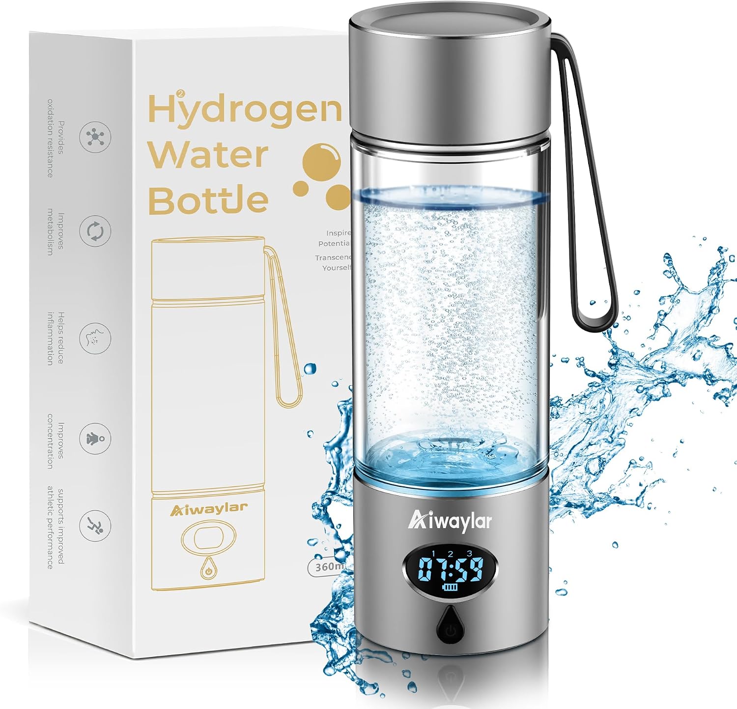 Aiwaylar Hydrogen Water Bottle – Portable, Rechargeable, LED Timer,3 Work Mode, Aluminum and Glass,360ML,Hydrogen Water Ionizer Machine with PEM/SPE Technology, Suitable for Office,Home,Gym Outdoor